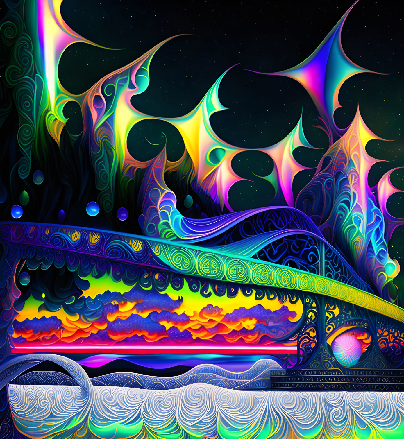 Colorful Psychedelic Illustration with Swirling Patterns and Celestial Elements