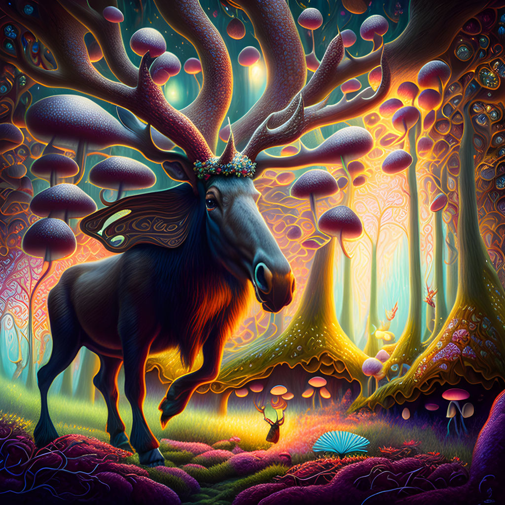 Fantastical moose with tree-like antlers in enchanted forest