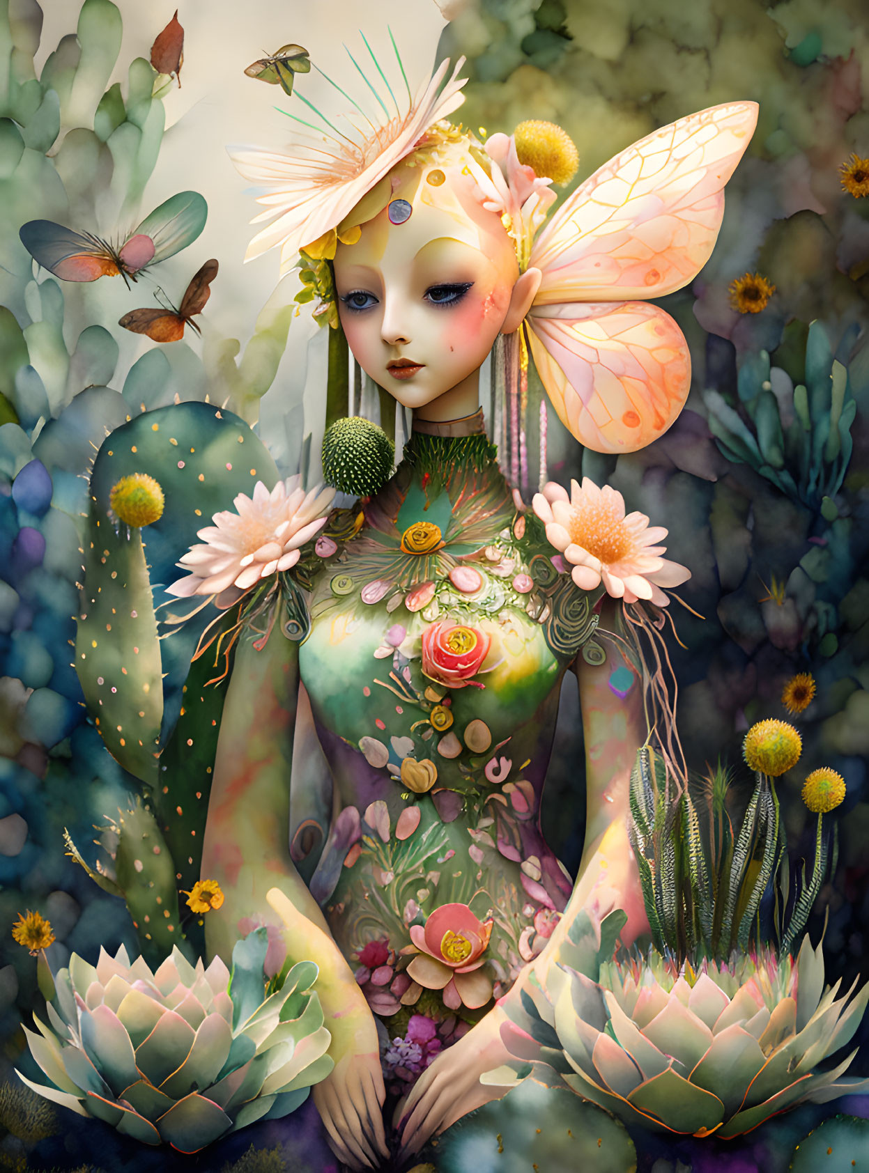 Whimsical fairy illustration in lush botanical setting