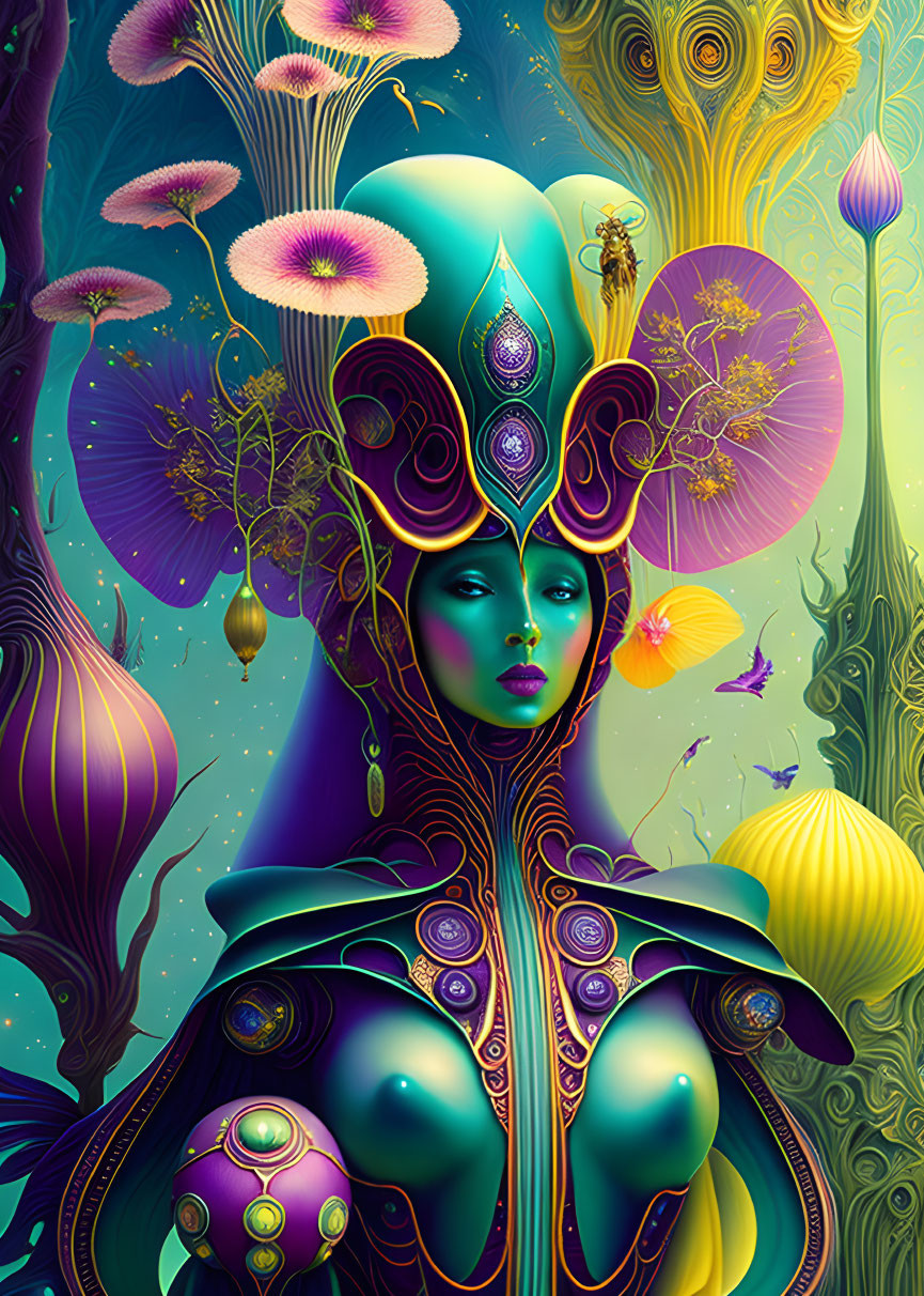 Colorful digital art: stylized woman with elaborate headgear in fantastical setting