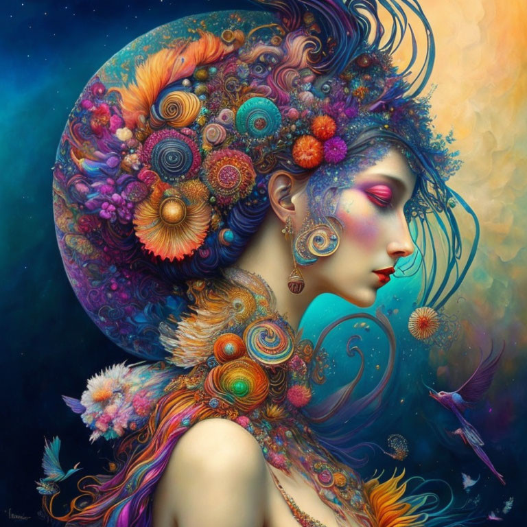 Colorful Woman with Ornate Floral Headdress Against Cosmic Background