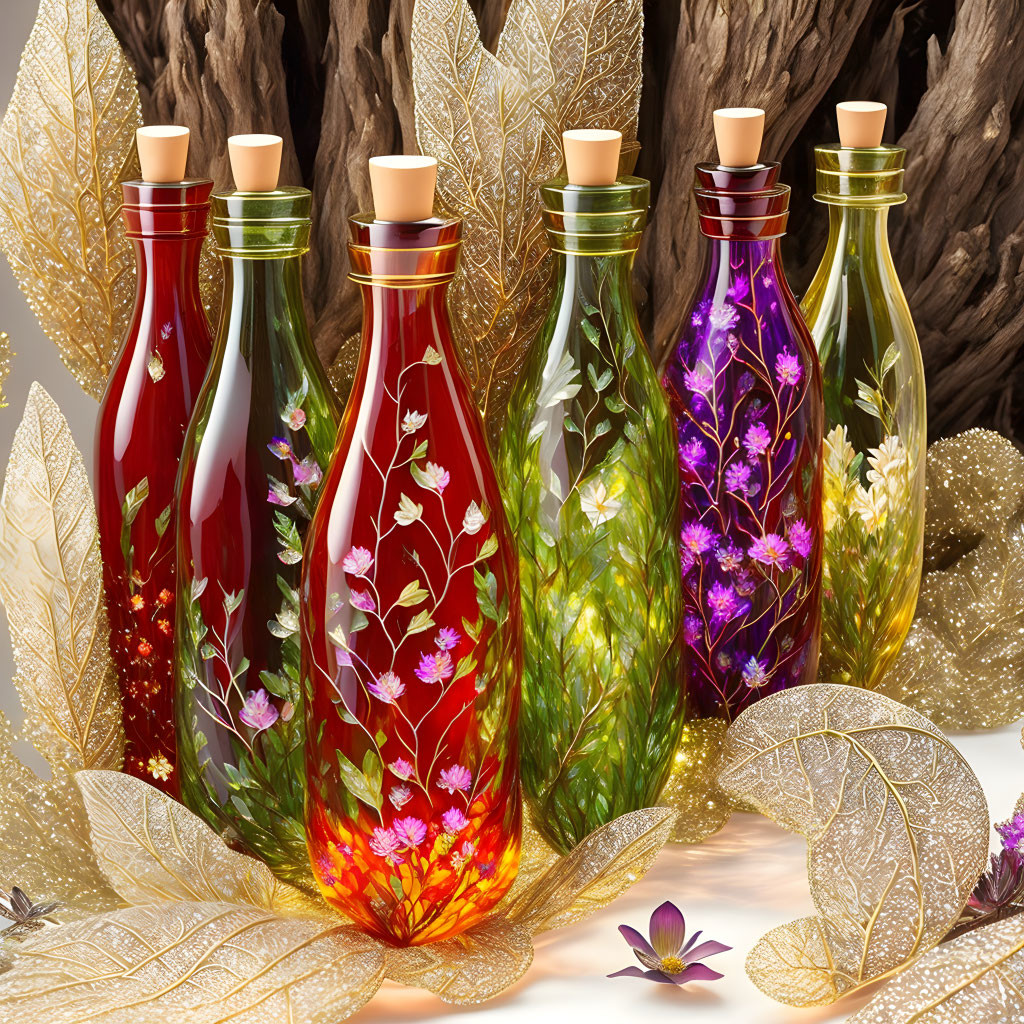 Decorative Bottles with Floral Designs on Wood and Metallic Leaves