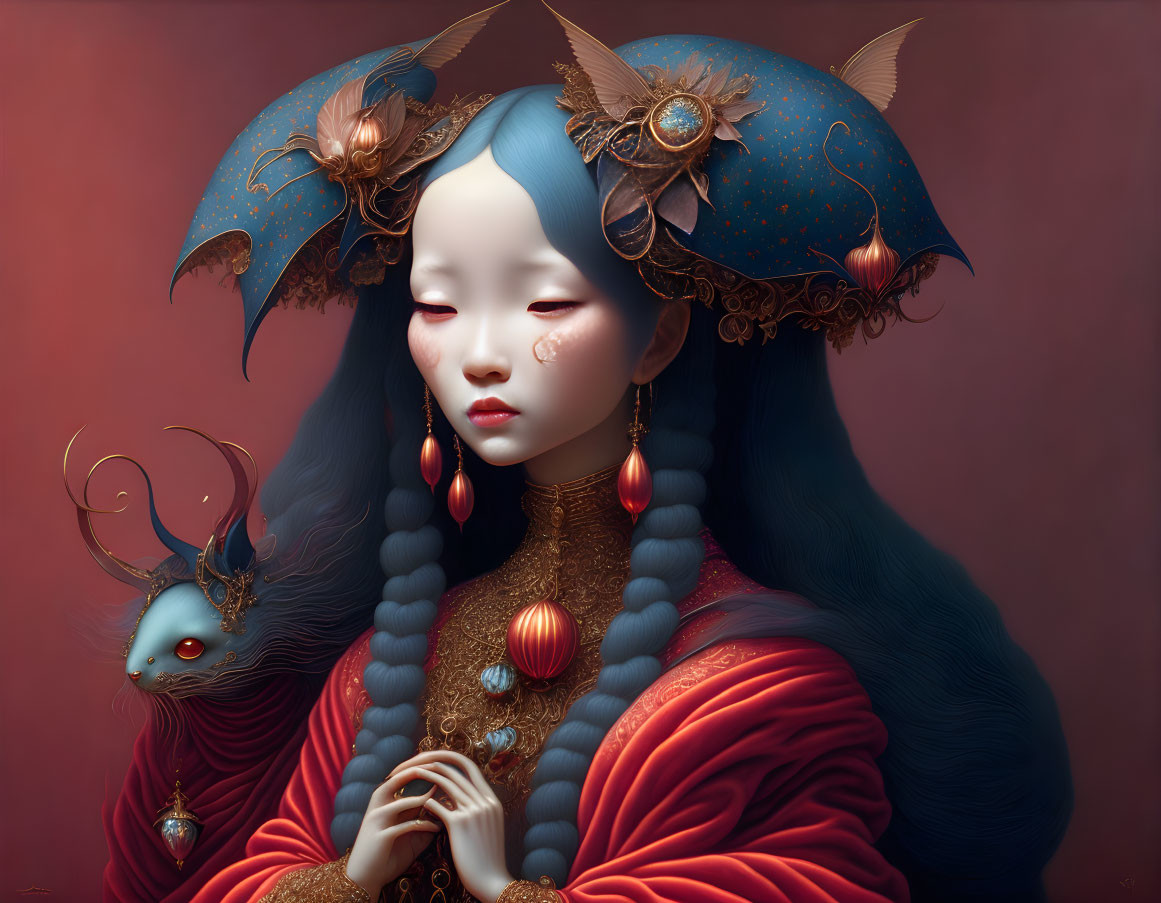 Blue-skinned woman with elaborate headgear and mythical creature in digital art