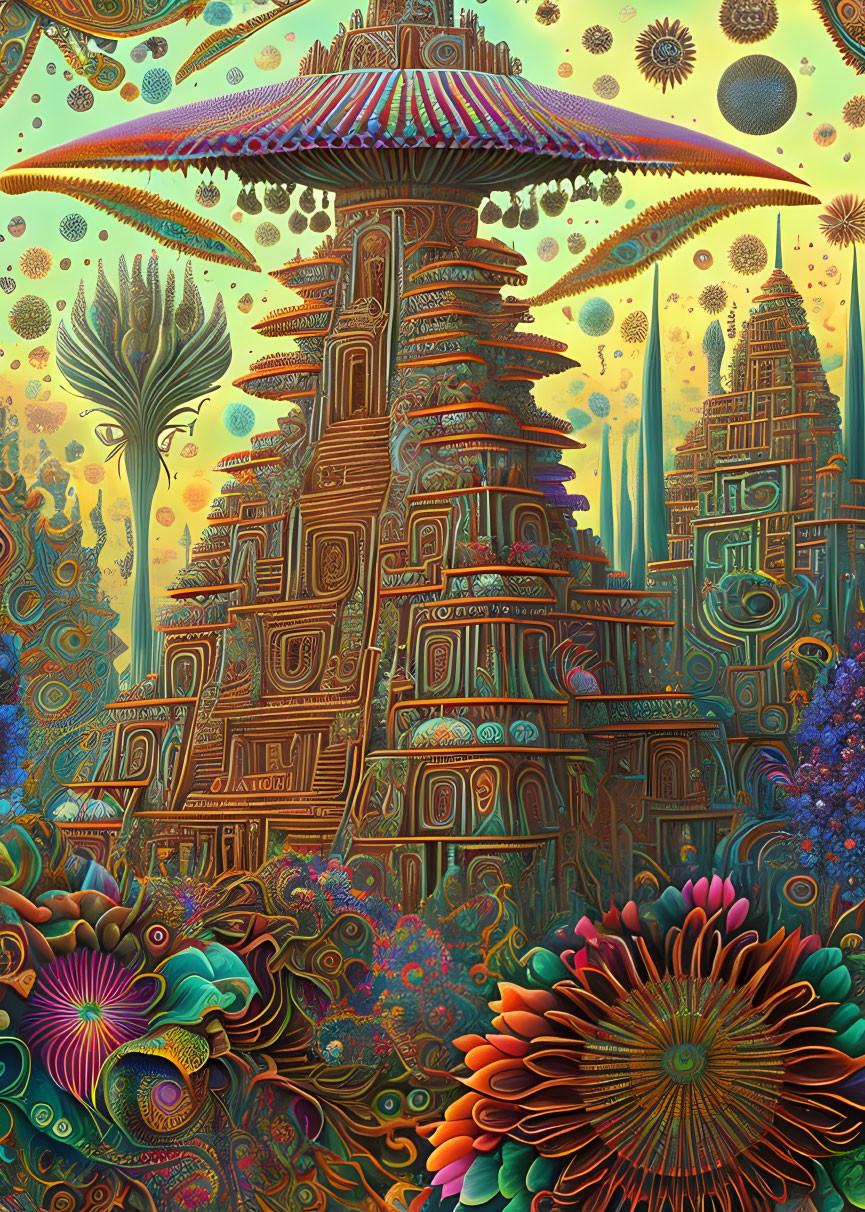 Colorful Psychedelic Artwork with Ornate Tower and Whimsical Flora