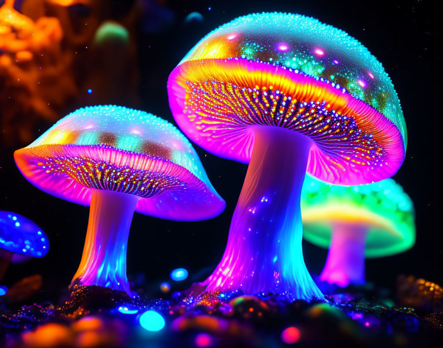 Colorful Neon Mushrooms Illuminate Dark Background