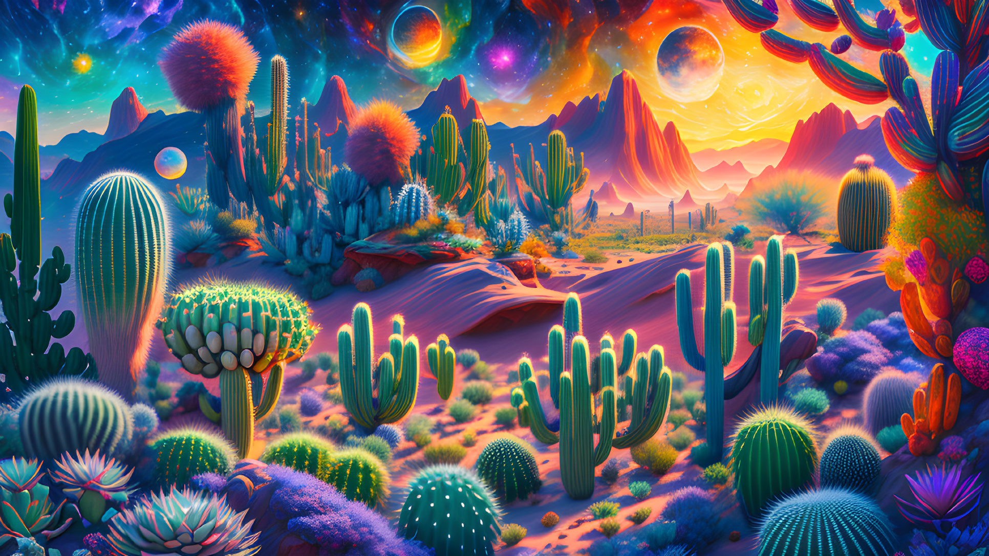 Colorful alien desert landscape with cacti, mountains, moons, and nebulae