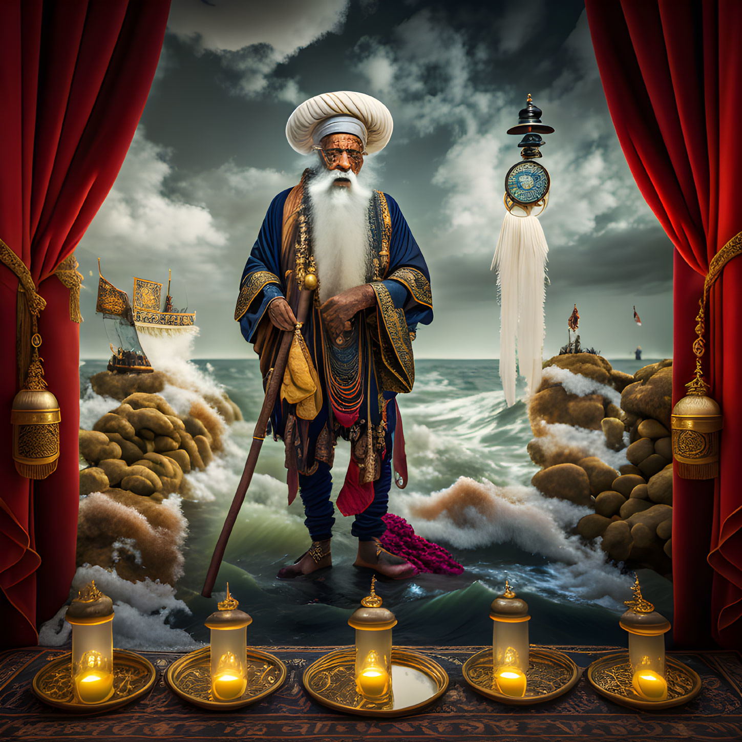 Historical figure in majestic attire amidst stormy sea and golden lanterns.