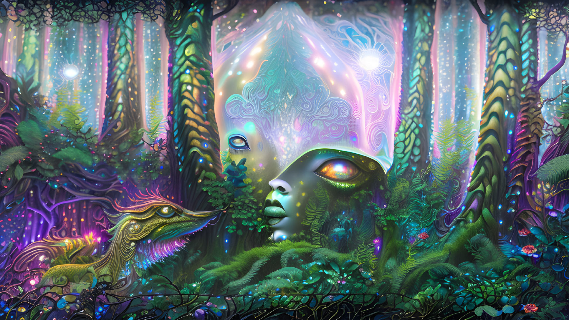 Colorful Psychedelic Forest with Ethereal Face and Mystical Creature