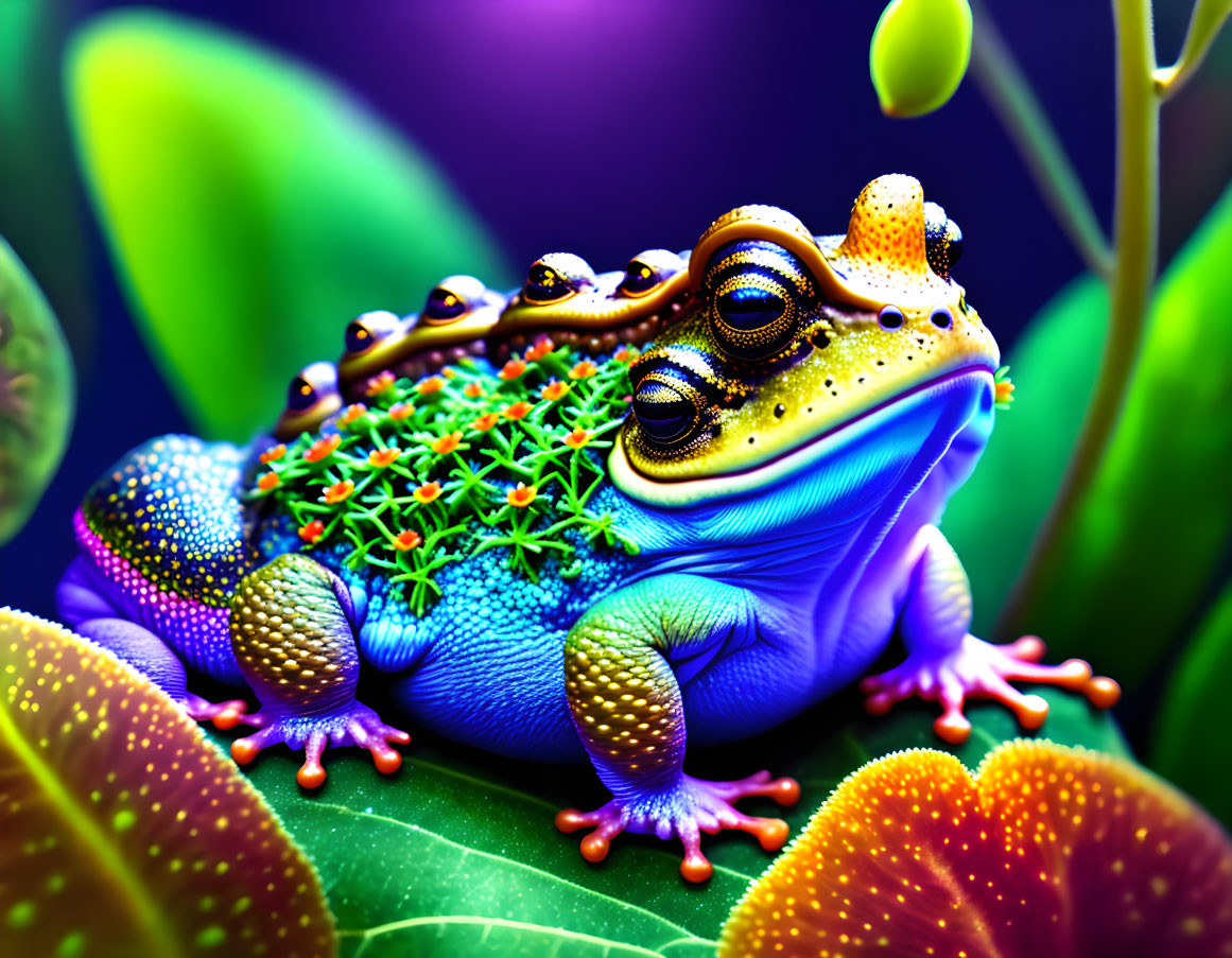 Colorful stylized frog illustration on leaf with bokeh background