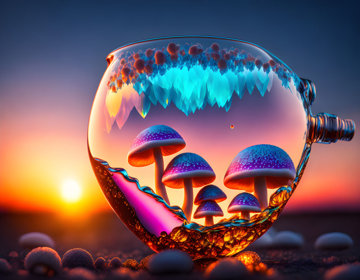 Colorful digital artwork: Transparent fishbowl with whimsical mushrooms in neon-lit cave at sunset