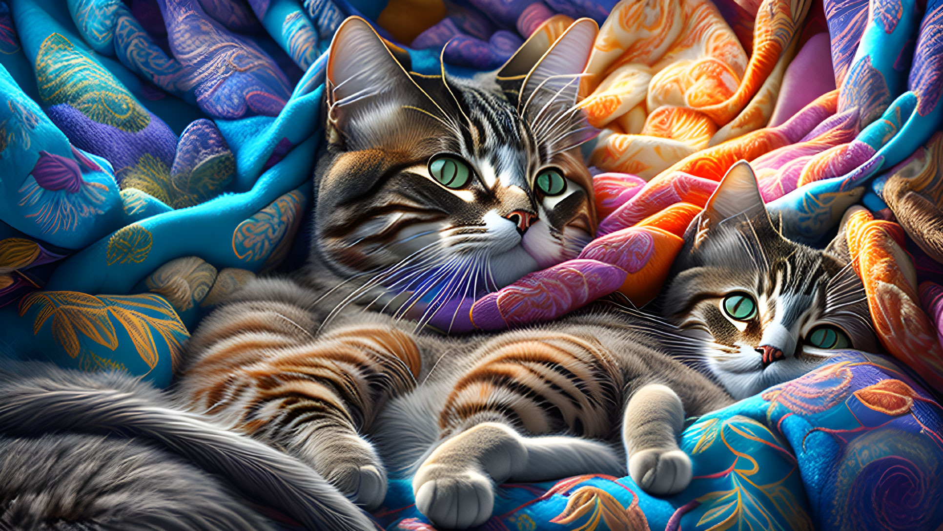 Tabby Cats with Vivid Green Eyes in Colorful Blankets