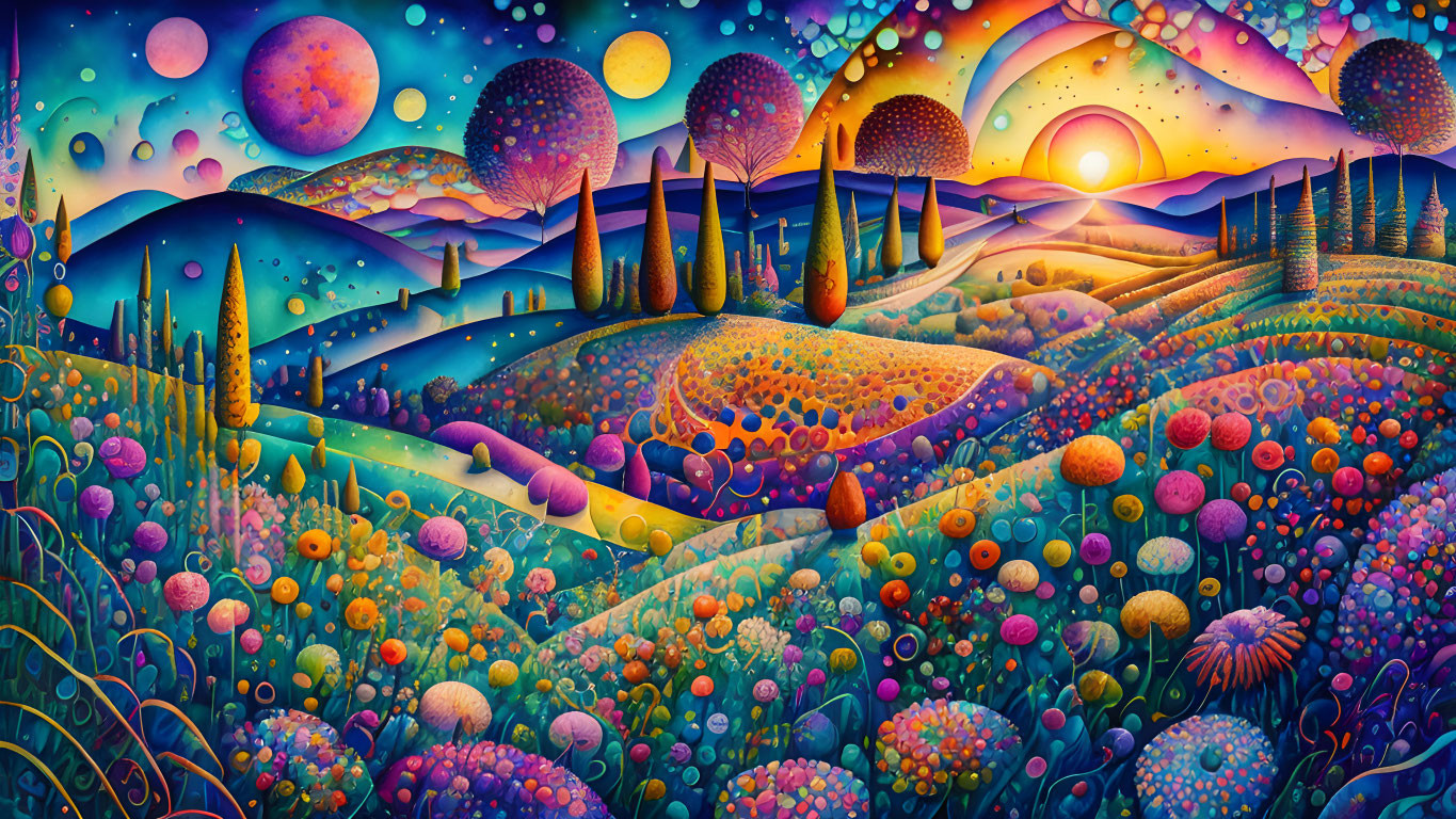 Fantastical landscape with mushroom-like trees and celestial twilight sky