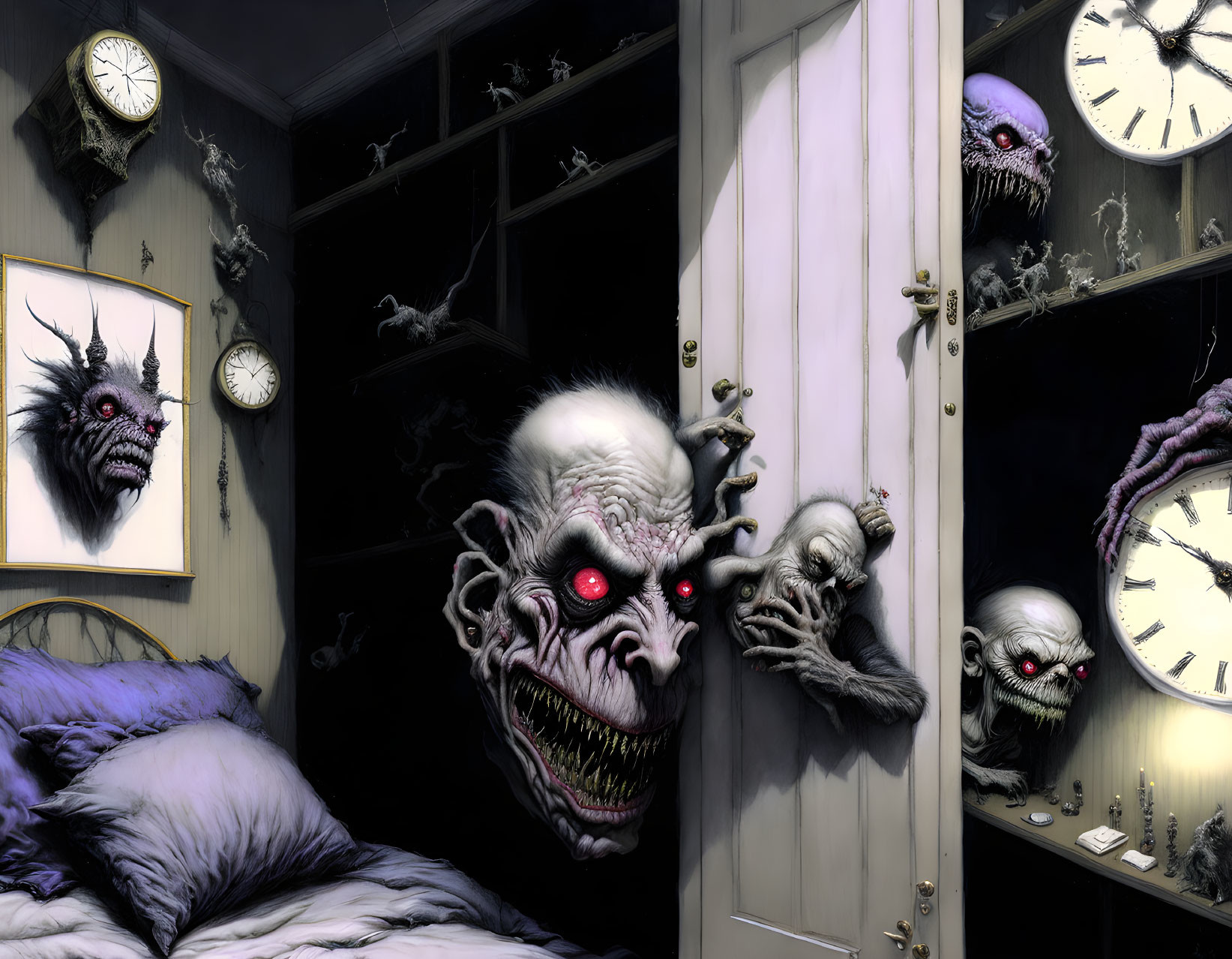 Surreal artwork featuring monster with red eyes in dark bedroom