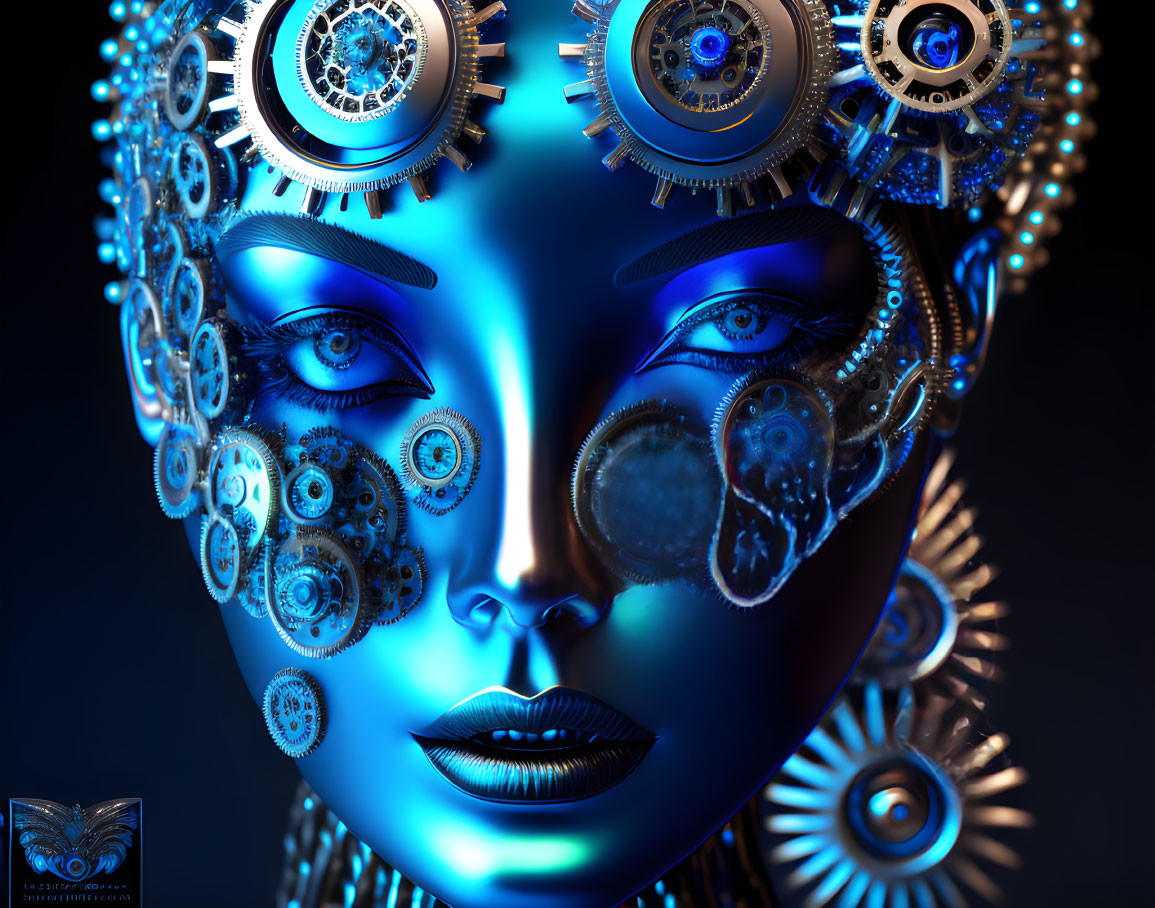 Detailed 3D illustration of female figure with metallic blue face and mechanical gears