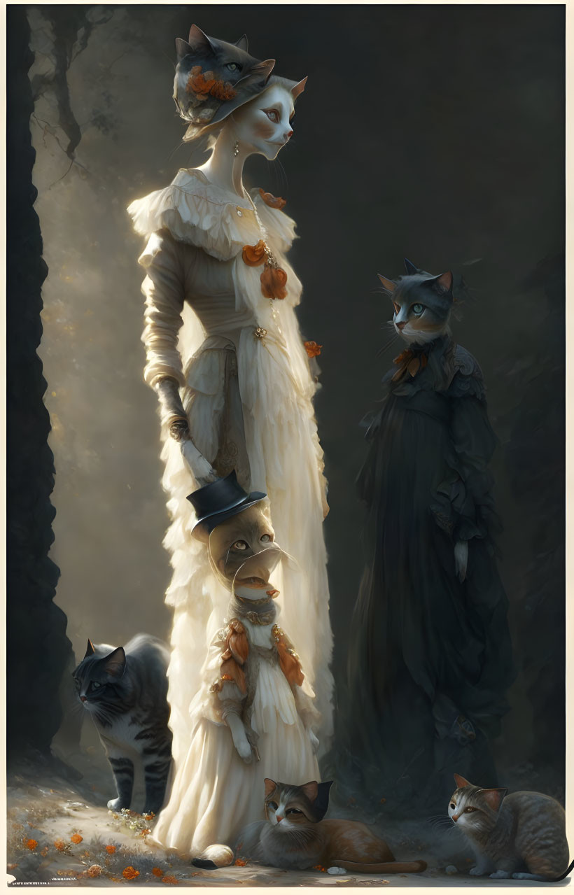 Anthropomorphic cats in elegant attire, one in long white dress