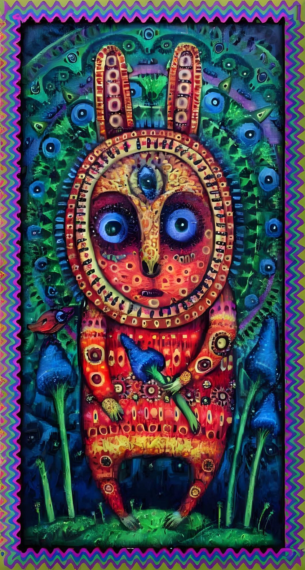 Colorful Psychedelic Rabbit Creature Painting with Multiple Eyes and Birds on Blue Background