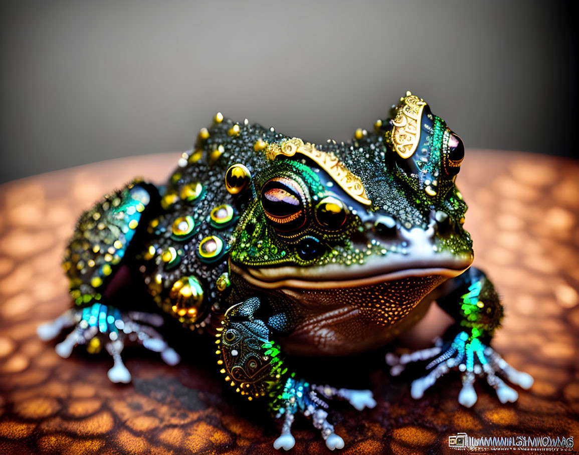 Colorful Beaded Frog on Textured Surface with Shimmering Droplets