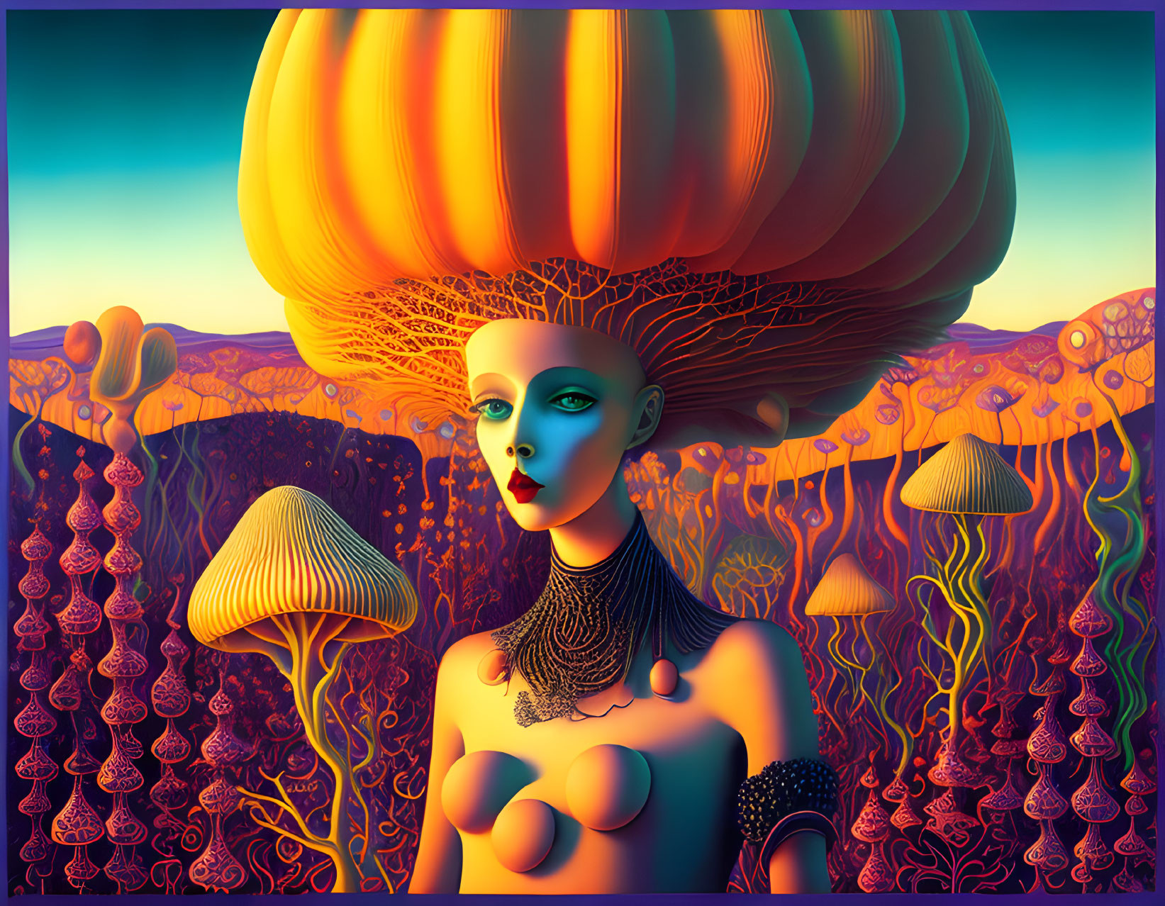 Surreal female figure with blue skin among giant mushrooms and intricate patterns