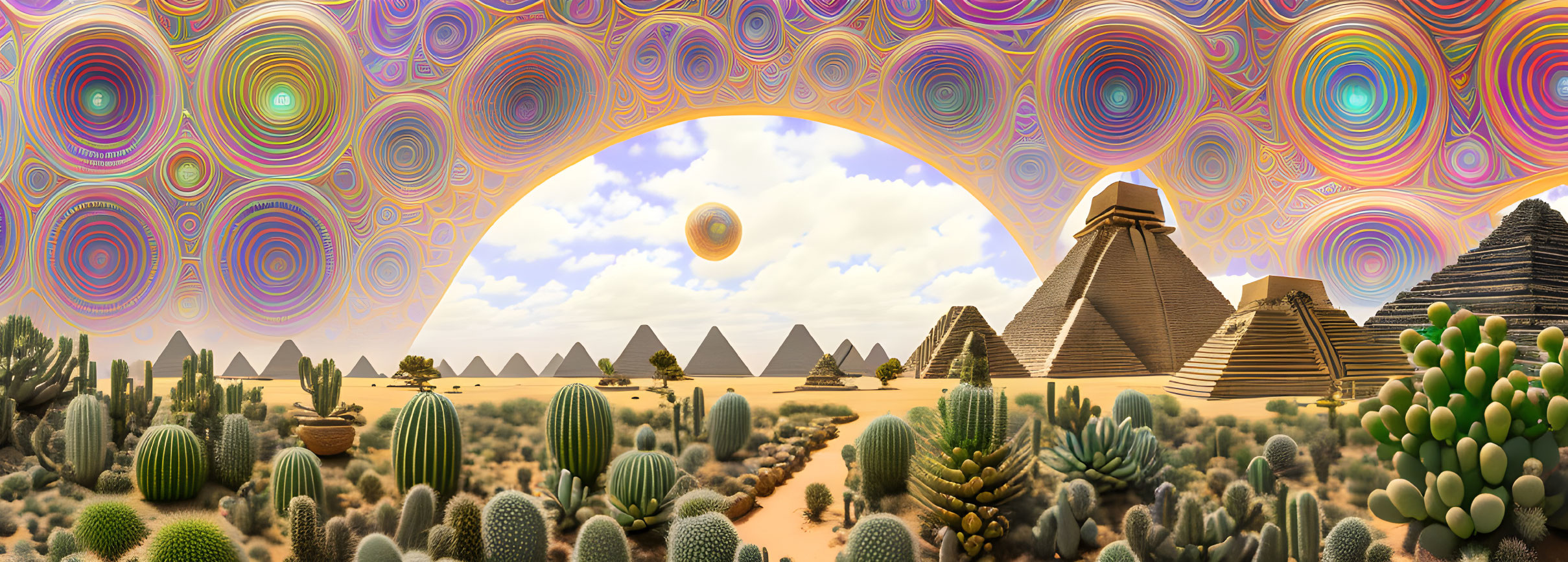 Surreal desert landscape with pyramids, cacti, colorful sky, and floating orb