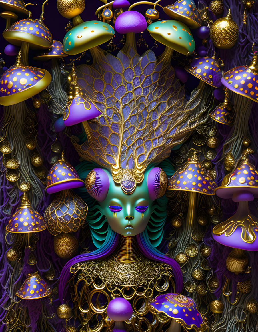 Vibrant surreal alien figure with golden ornaments and purple mushrooms.