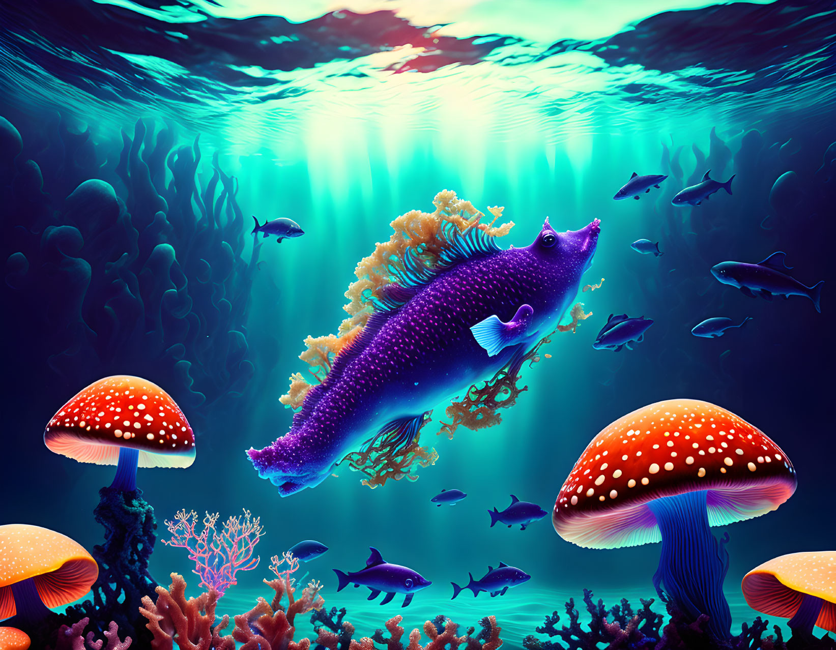 Colorful Underwater Scene with Purple Fish and Coral