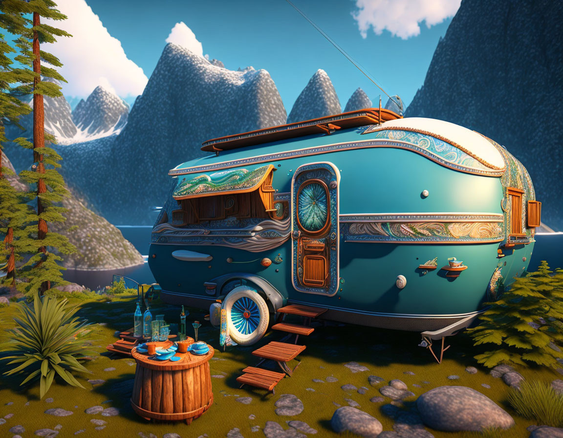 Vintage Caravan with Ornate Decorations in Rocky Landscape