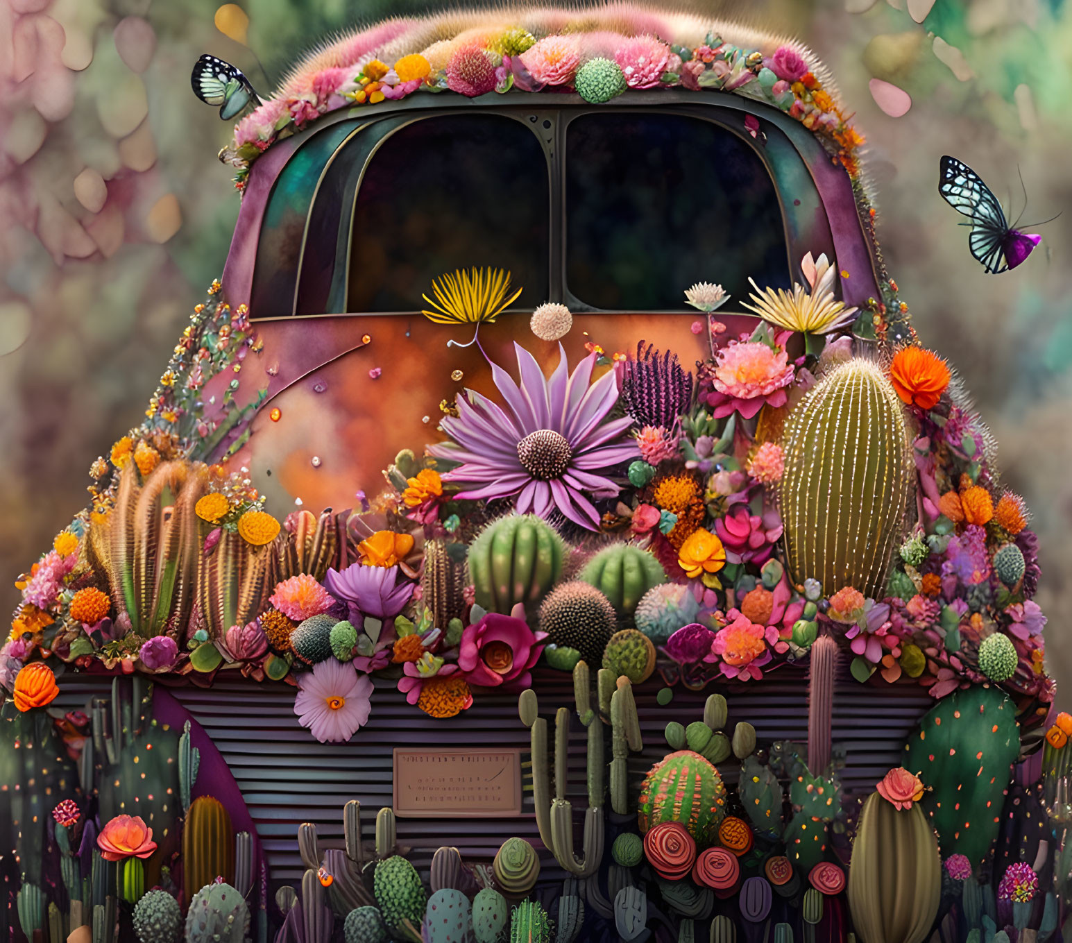 Colorful Flower and Cacti Covered Van with Butterflies