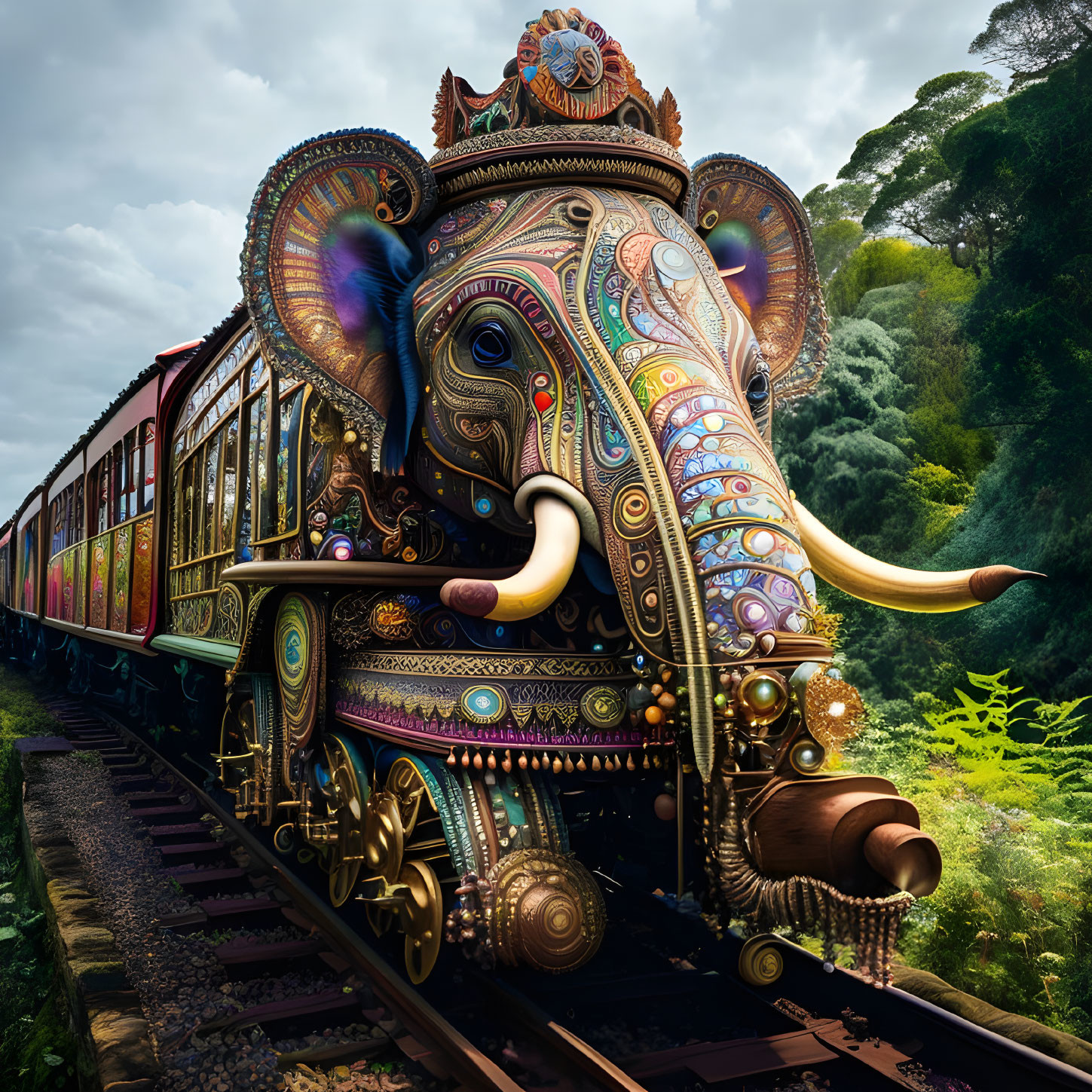 Colorful elephant head on front of train in lush forest