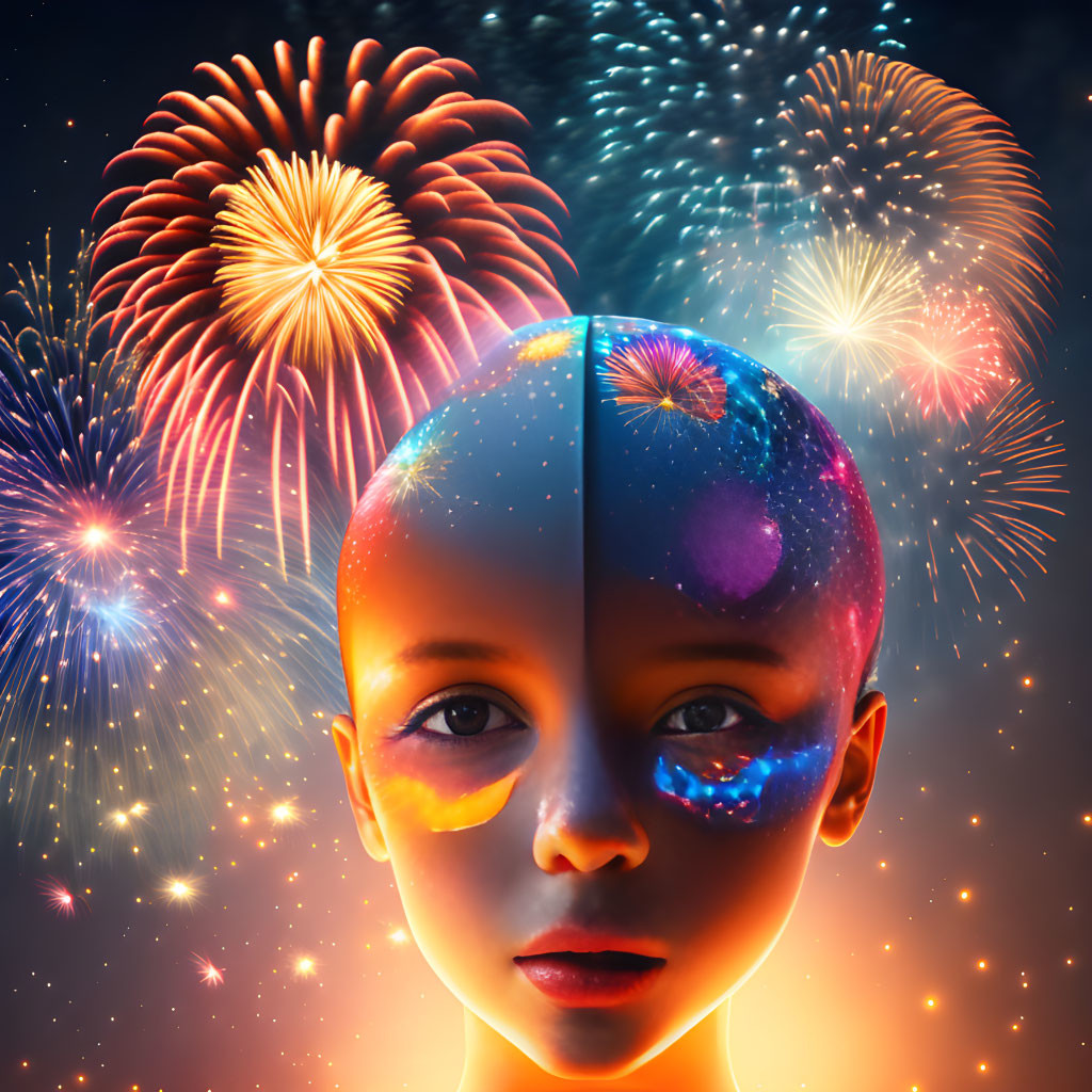 Child's face split into two halves with cosmic design and fireworks background