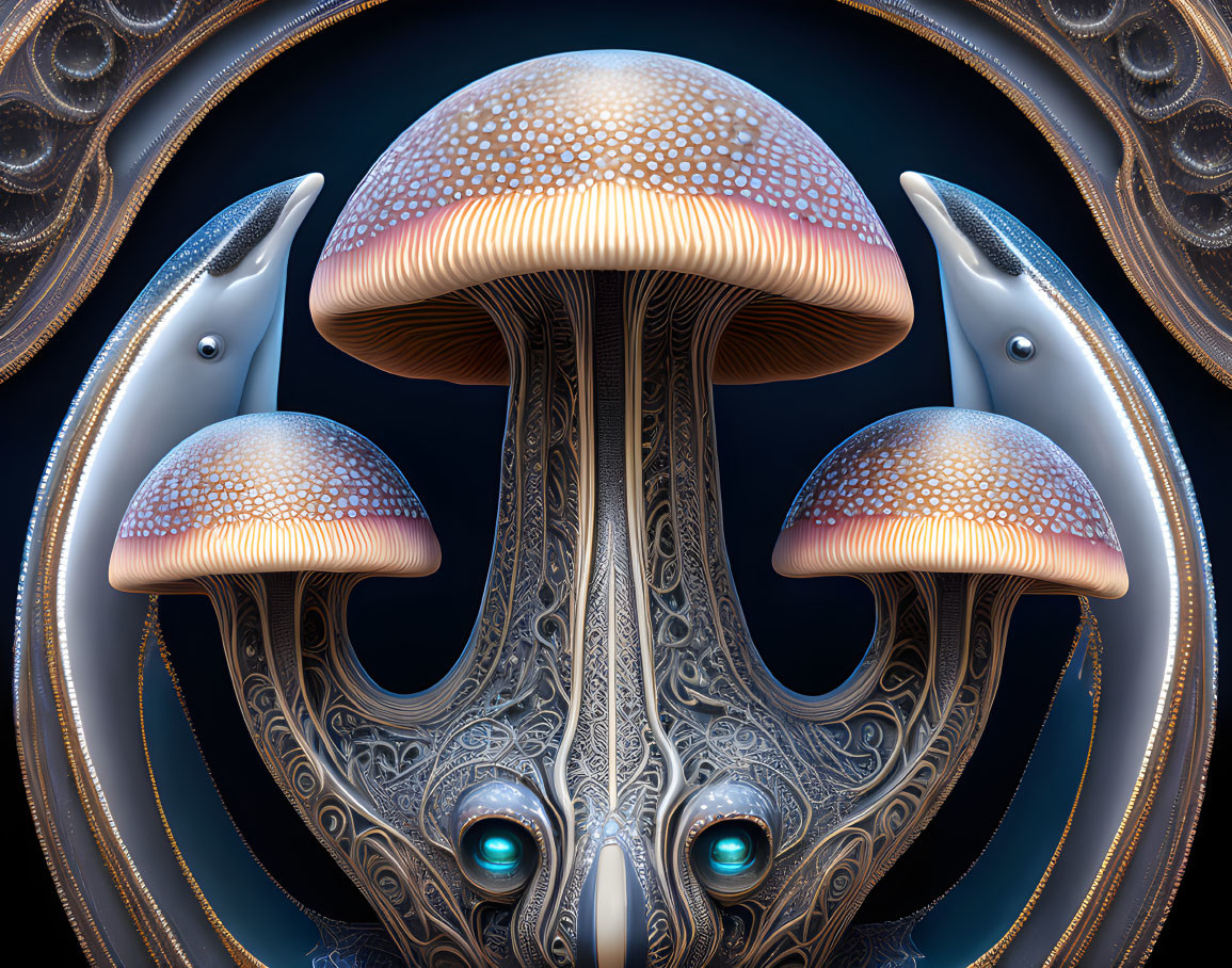 Surreal digital artwork: Stylized mushroom with intricate patterns and marine creature shapes.