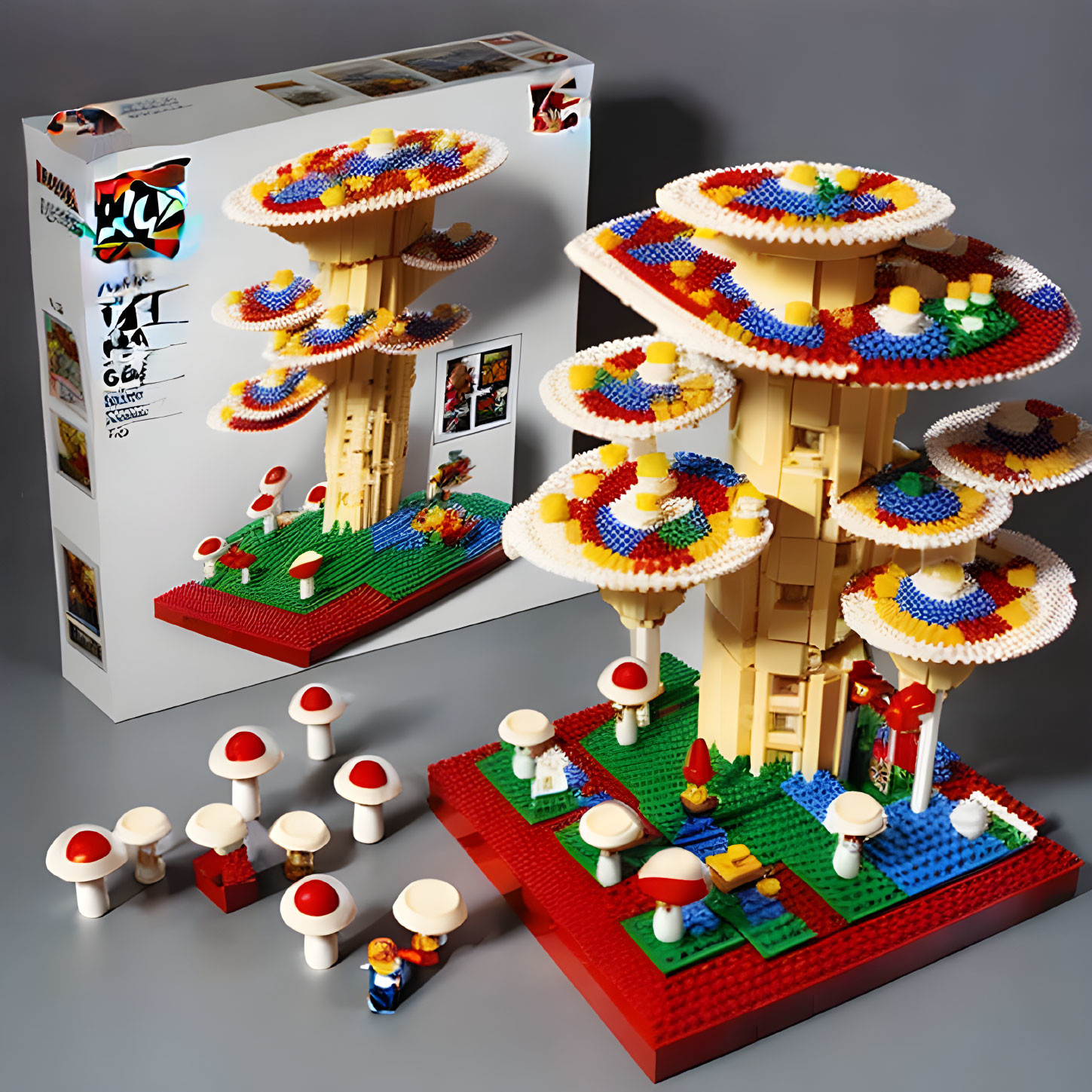 Colorful Mushroom Scene LEGO Set with Minifigures and Box Display