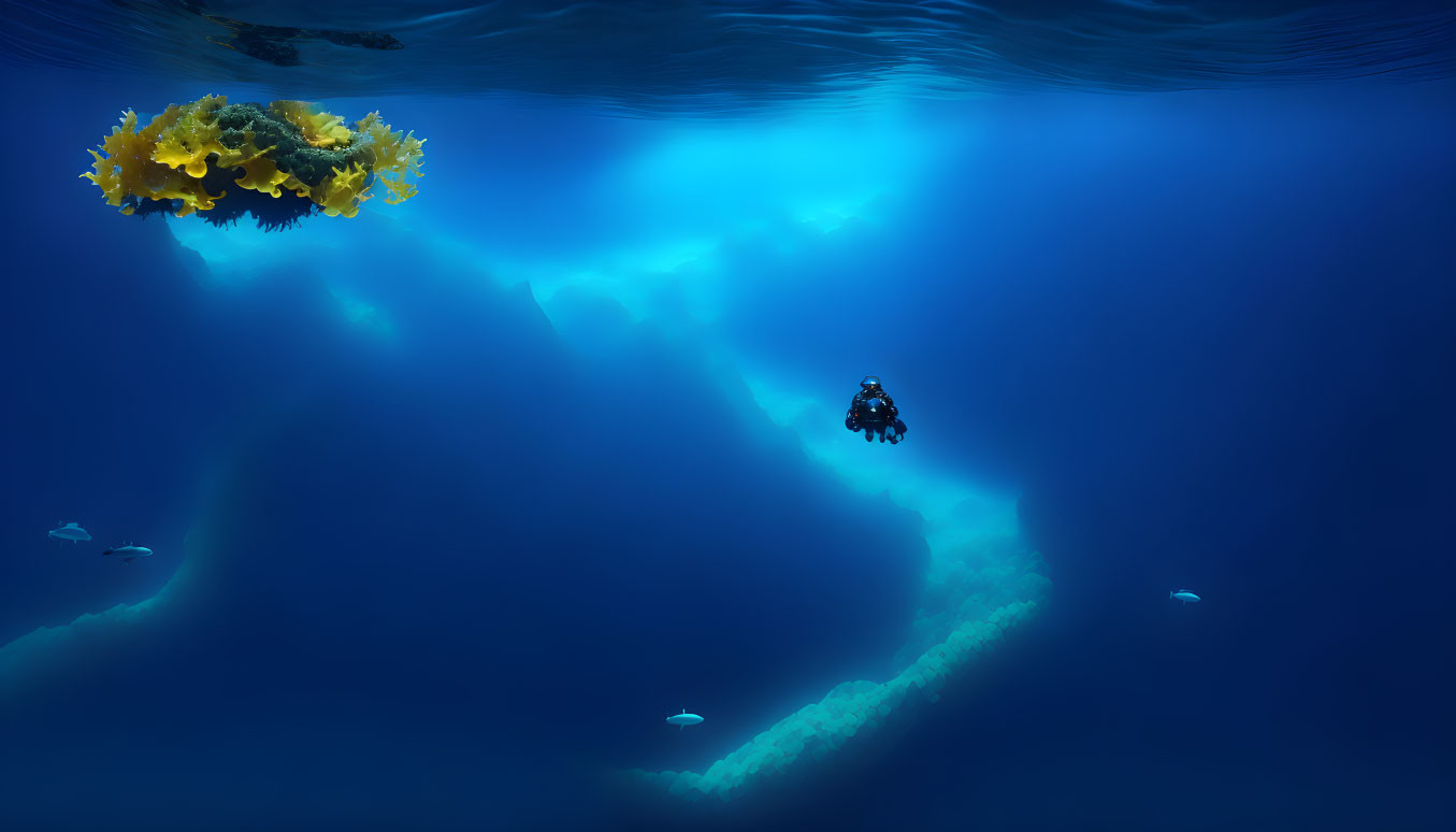 Underwater Diver near Coral with Sunbeams and Fish