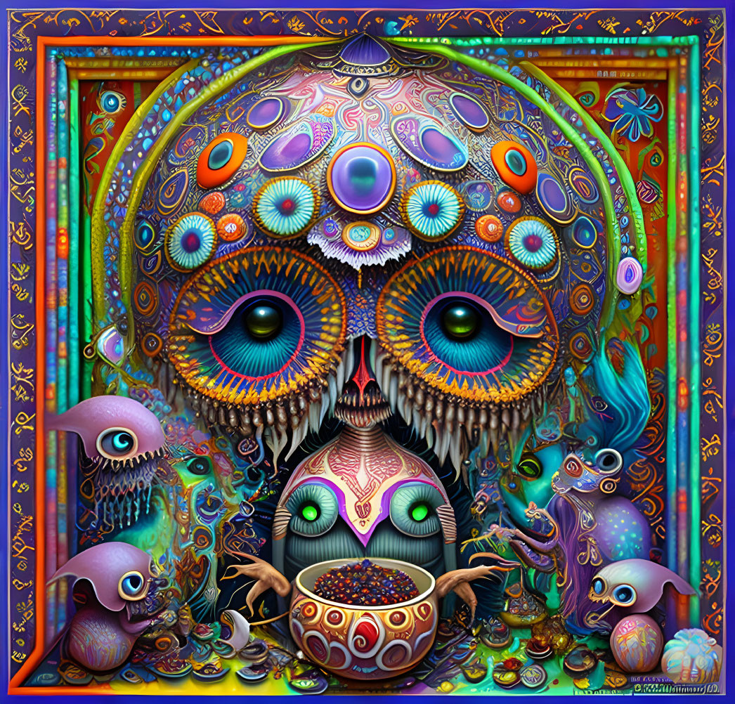 Colorful psychedelic art with patterns, eyes, and fantastical creatures