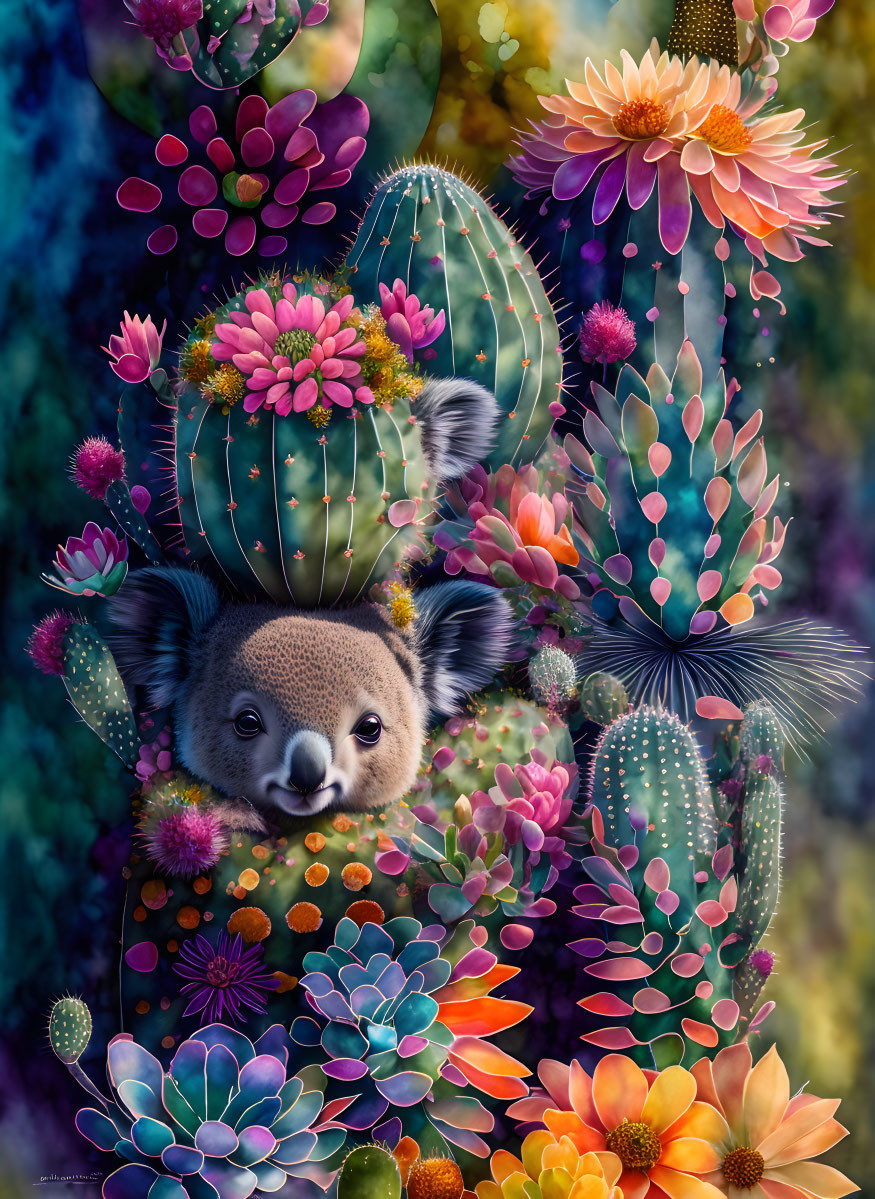 Colorful digital artwork: Koala among vibrant cacti & succulents