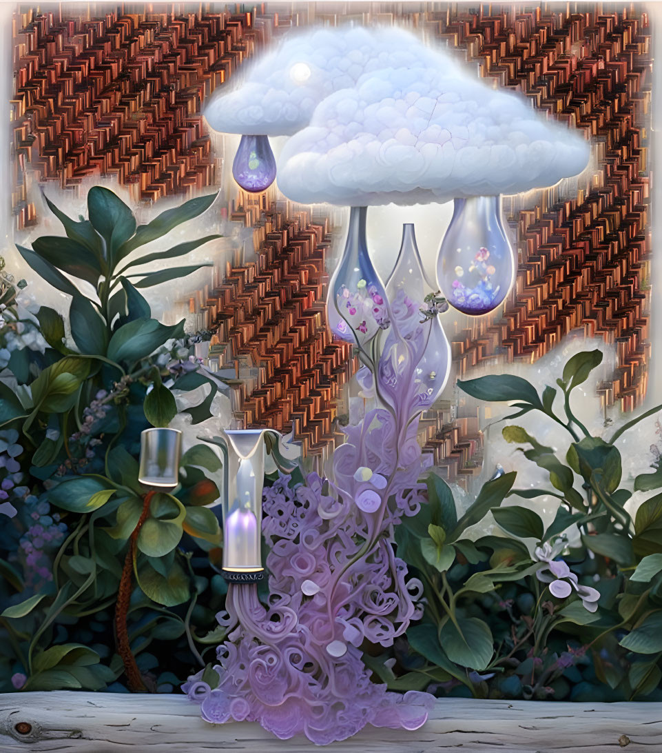 Surreal artwork: Cloudy mushroom with droplets and bulb shapes in lush foliage.