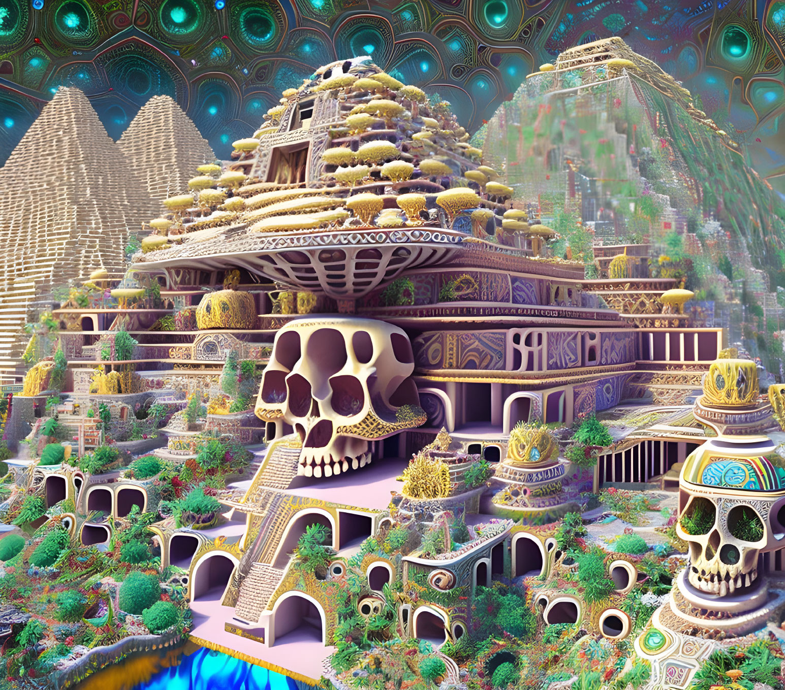 Colorful surreal landscape with pyramid structures and skull motifs.