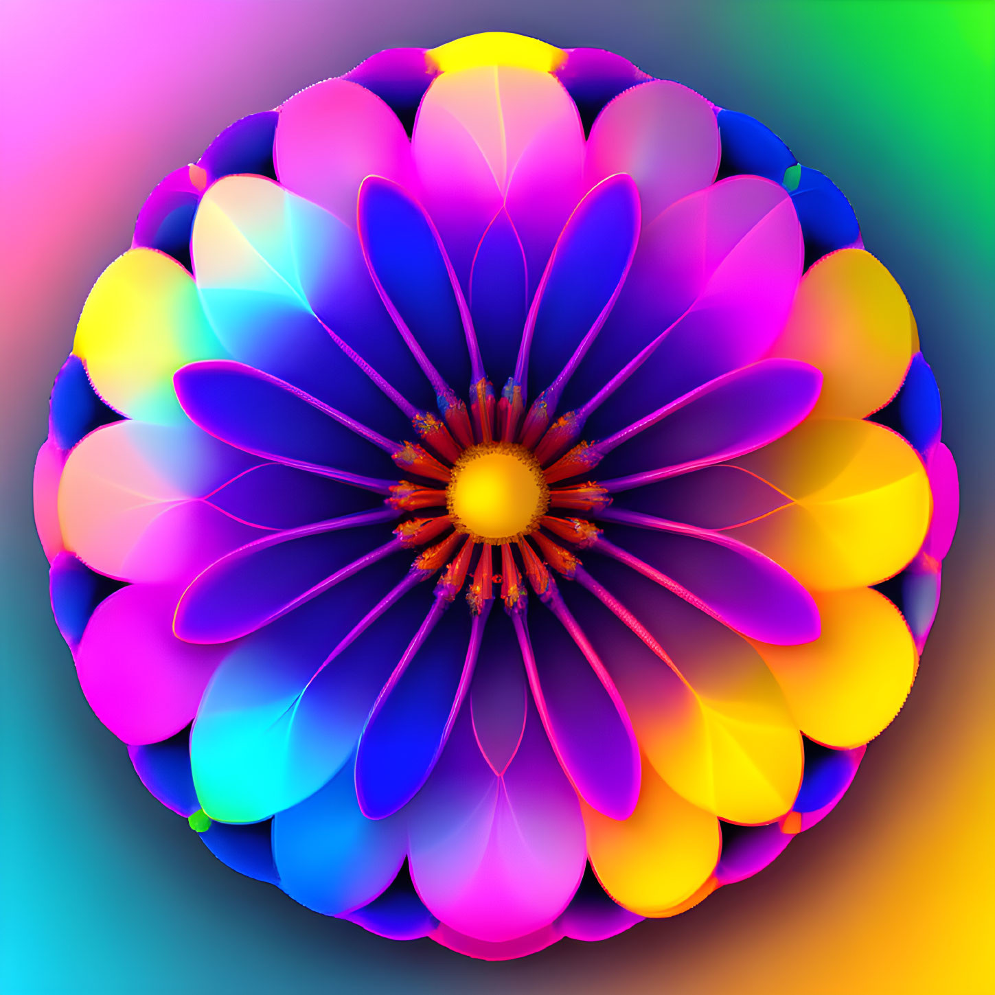 Vibrant multicolored flower with symmetrical petals on rainbow background