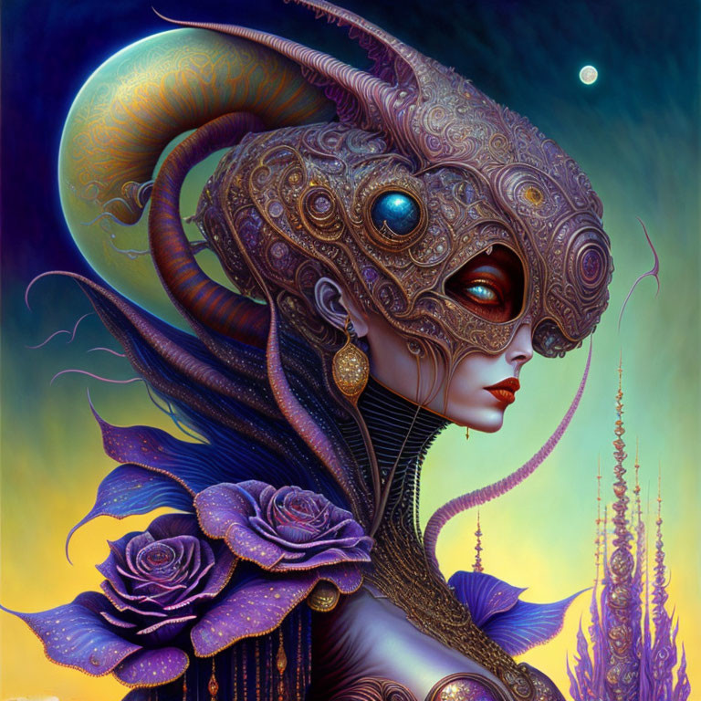 Surreal portrait of woman with ornate helmet and purple roses in moonlit alien landscape