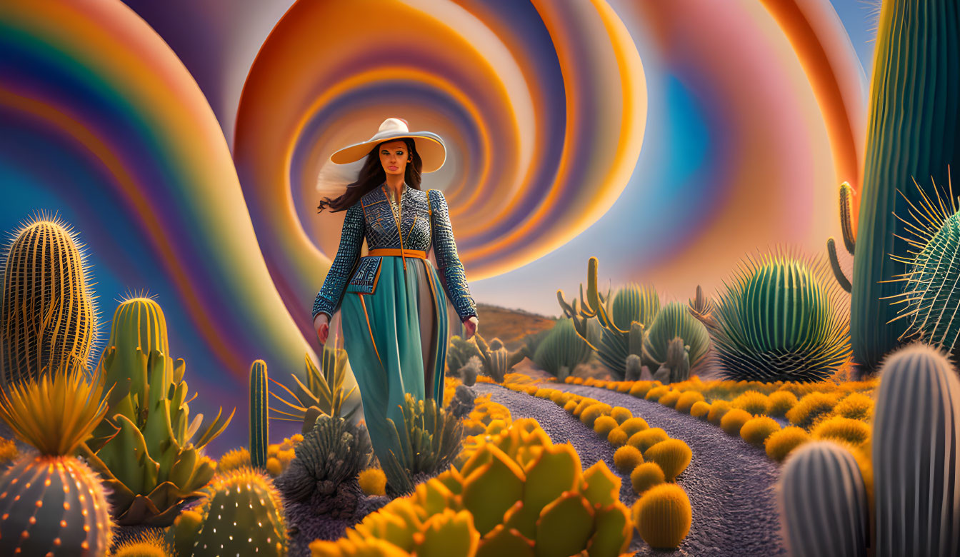 Stylish woman walking among cacti under surreal sky