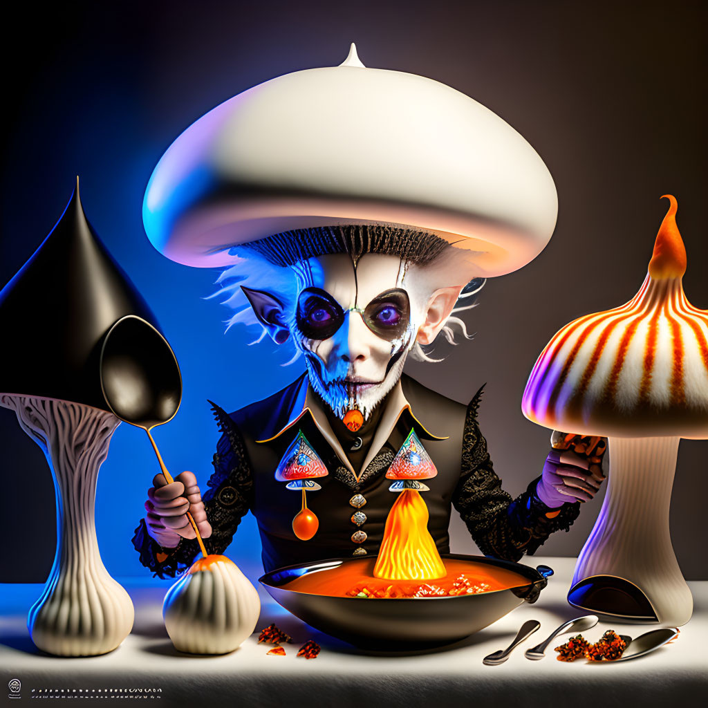 Whimsical skeleton in Victorian attire stirring pot of lava among mushroom objects