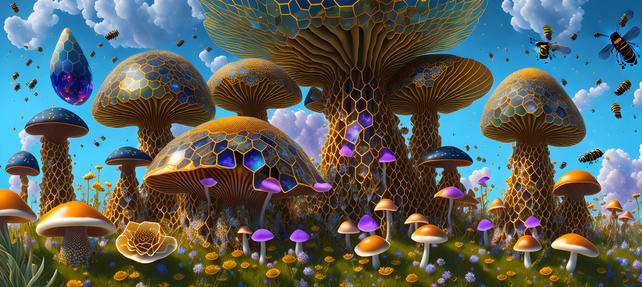 Vibrant oversized mushrooms in fantasy landscape with floating islands and bees