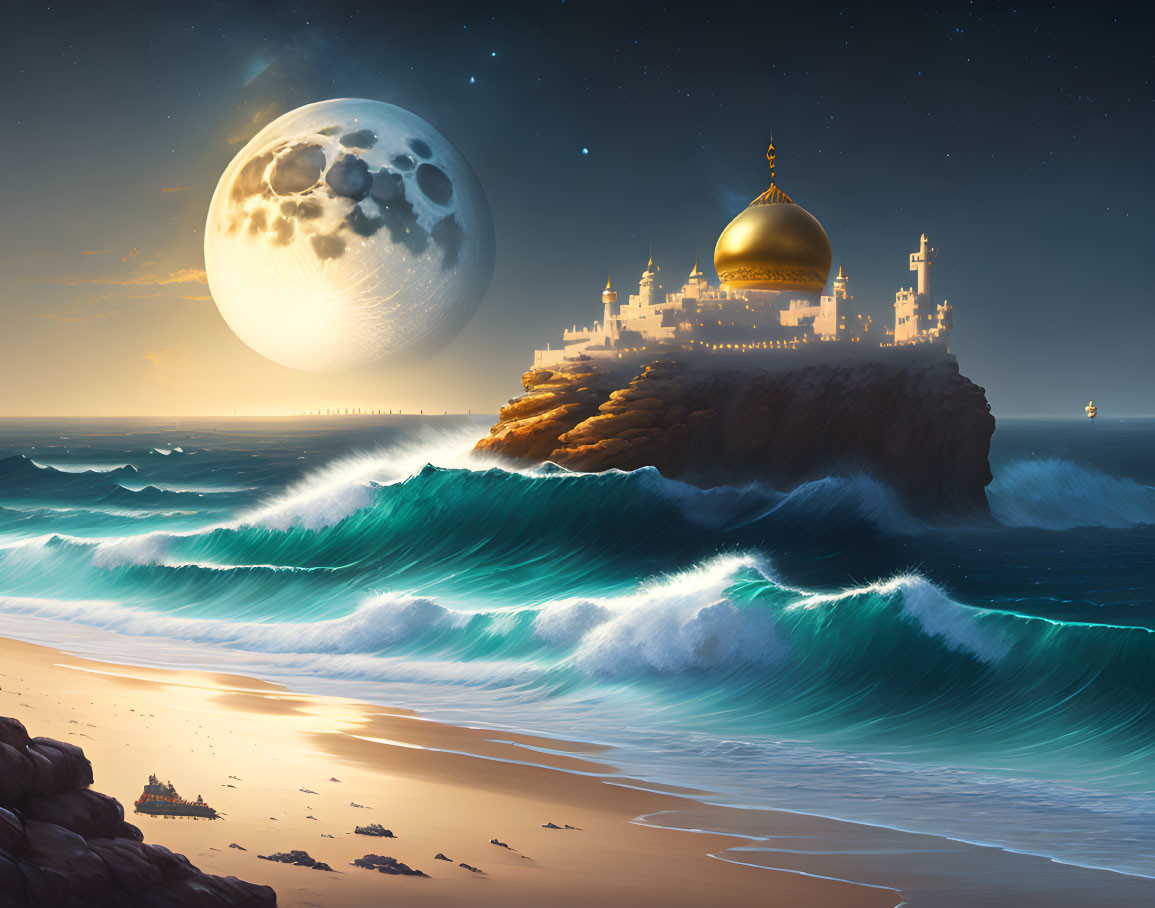 Fantasy sunset scene: cliff palace, crashing waves, huge moon