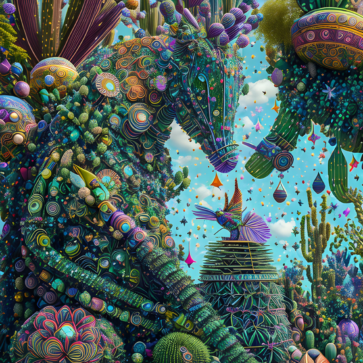 Colorful psychedelic illustration of elephant and bird with intricate patterns in surreal landscape