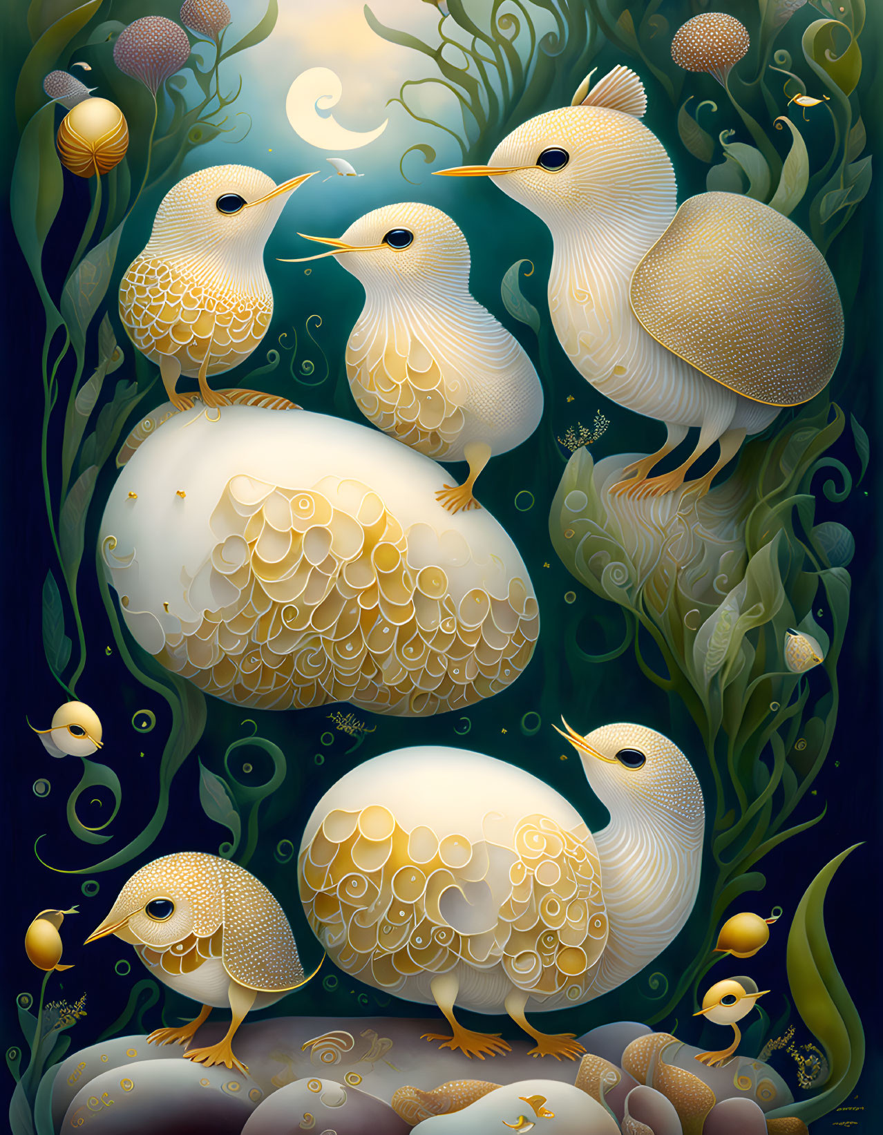 Stylized golden birds and chicks in magical foliage scene