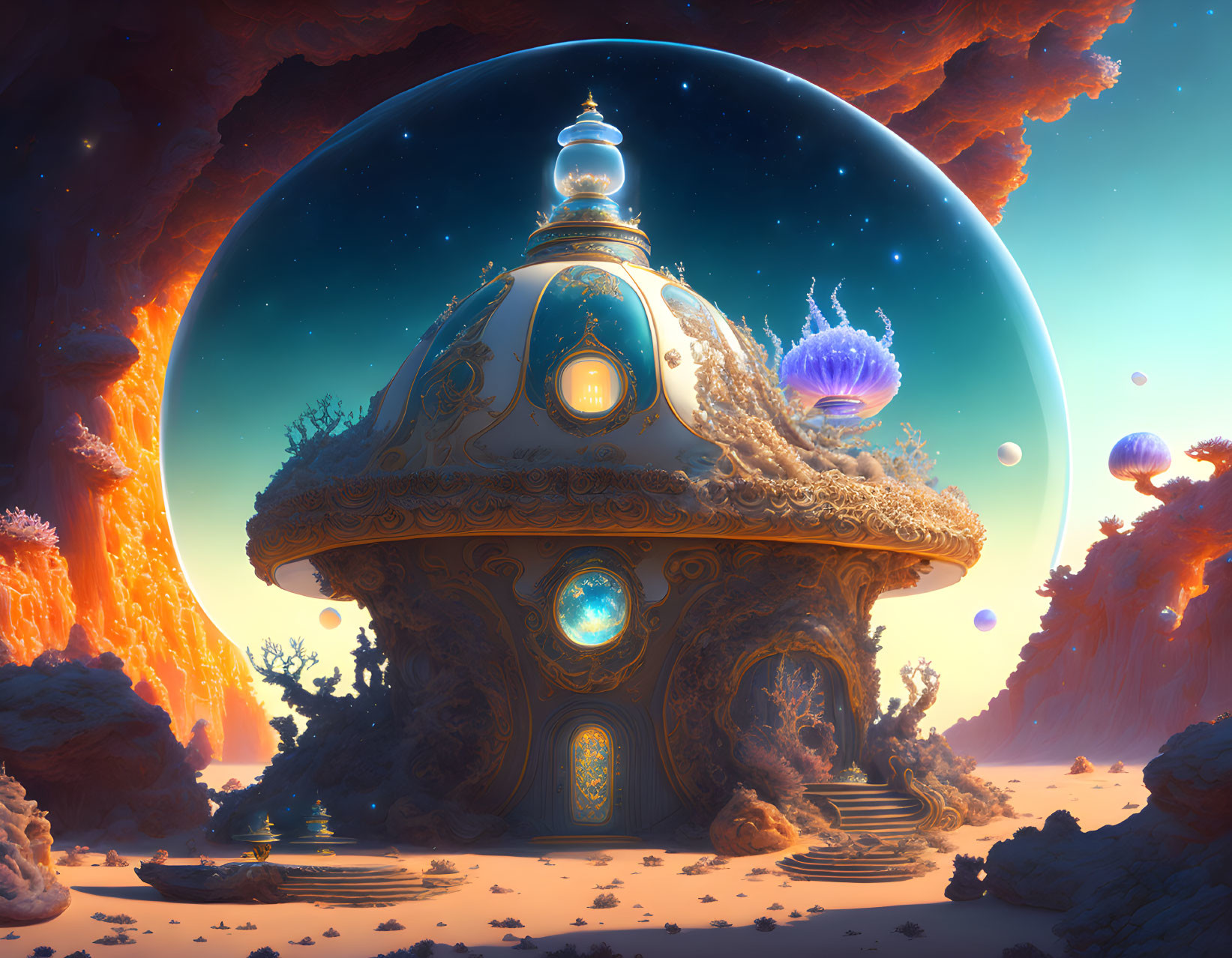 Alien planet dome structure with glowing orbs and jellyfish in starry landscape