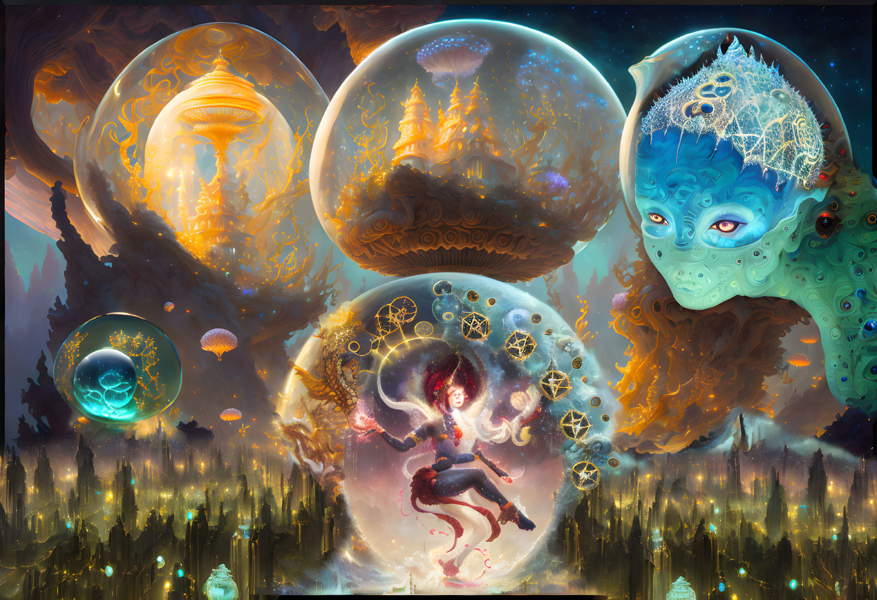 Fantasy scene with floating orbs, cities, creatures, woman with galaxies, cosmic being in starlit