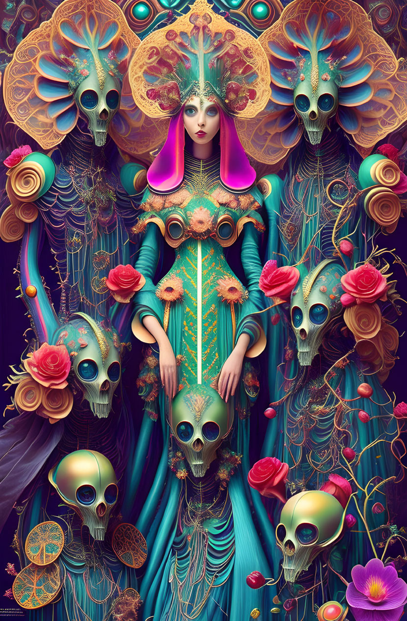 Colorful Woman in Ornate Attire Surrounded by Skulls and Flowers