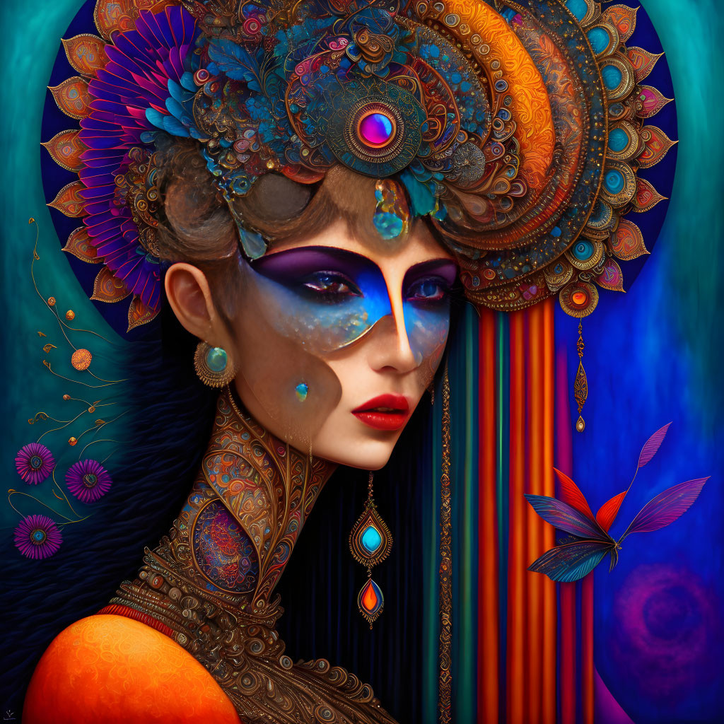 Colorful digital artwork featuring woman with ornate headgear, vivid makeup, detailed attire, and surreal