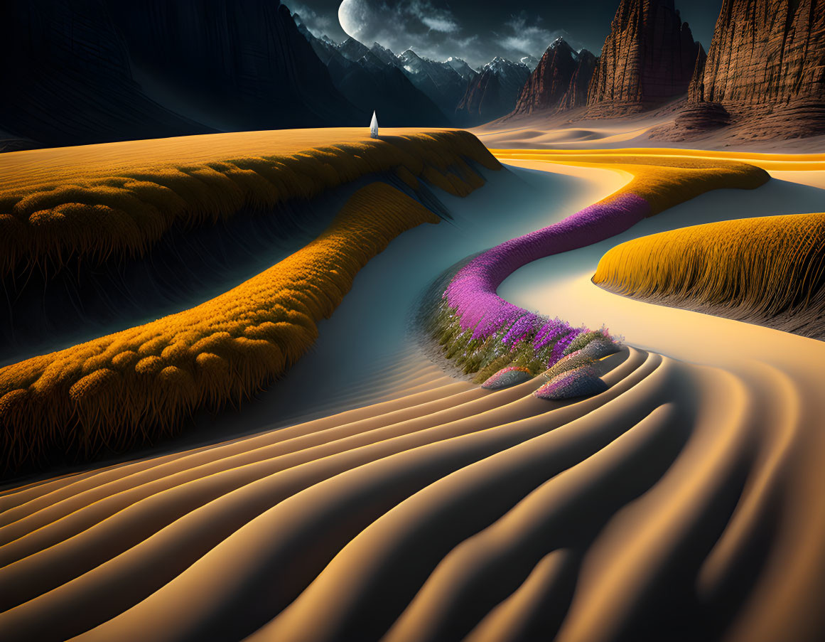 Colorful desert landscape at dusk with rippled sand dunes and rocky mountains.