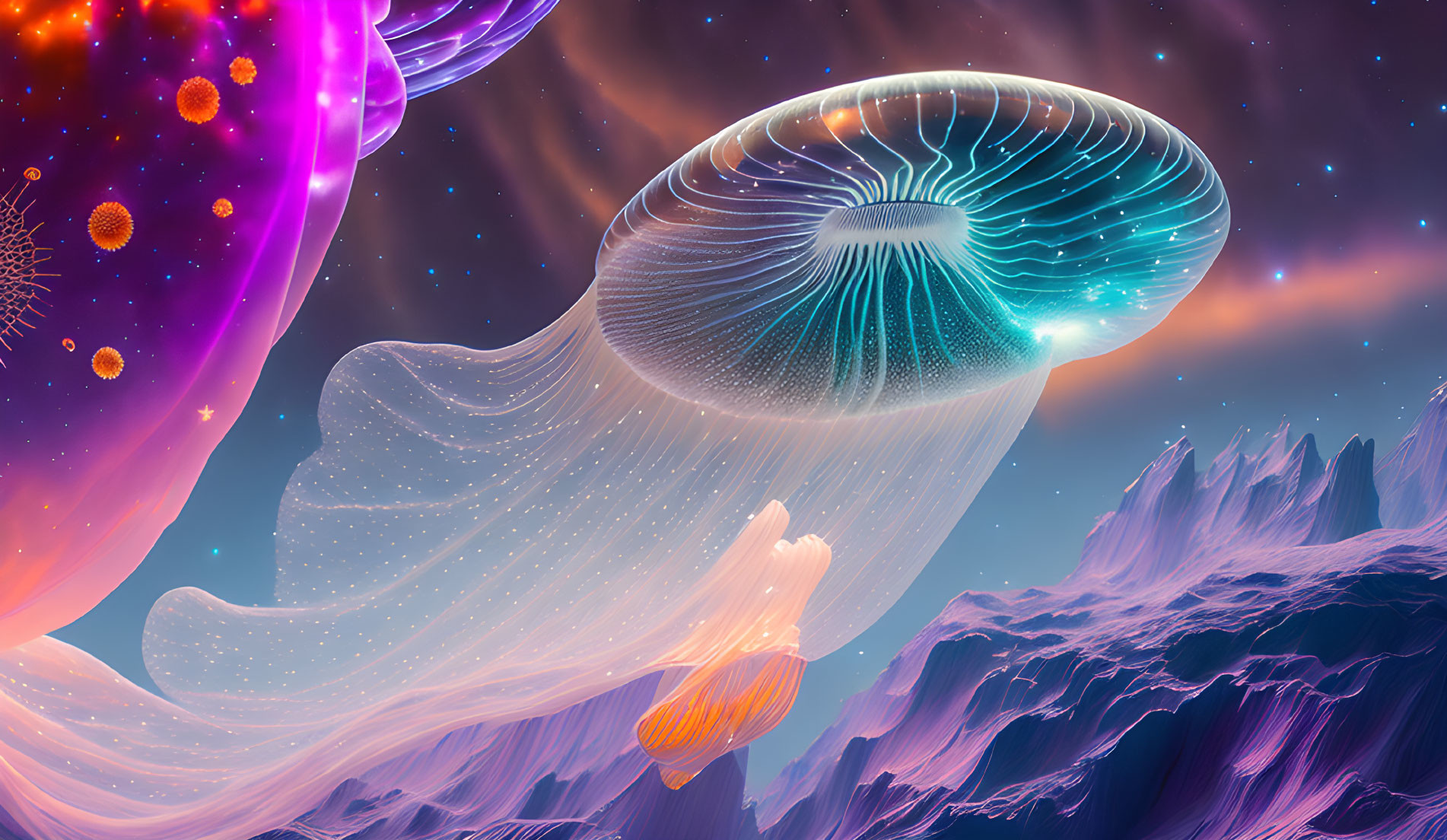 Bioluminescent jellyfish in surreal seascape with colorful tendrils